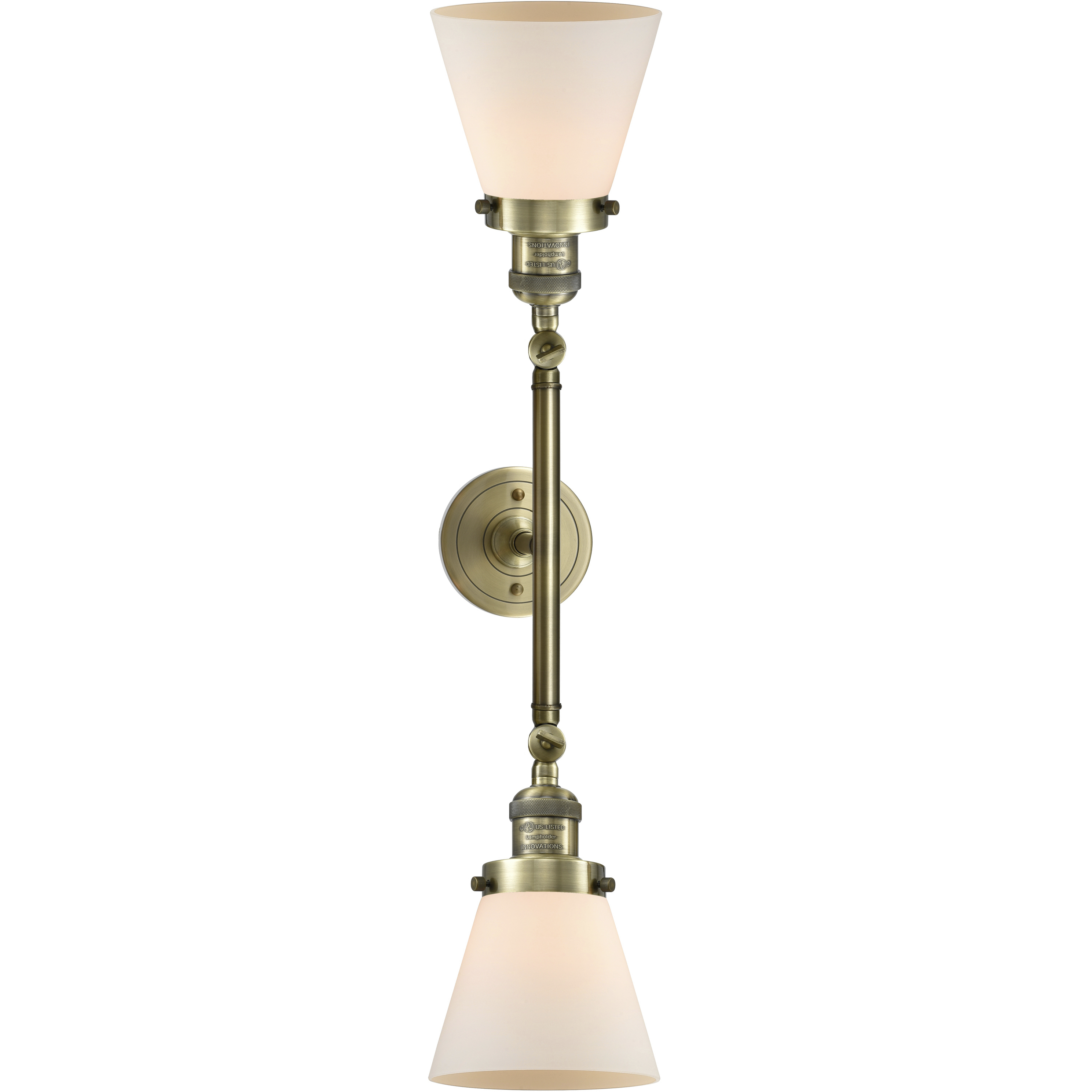 Franklin Restoration Small Cone 2 Light 16 inch Antique Brass Bath Vanity Light Wall Light in Incandescent, Matte White Glass, Franklin Restoration