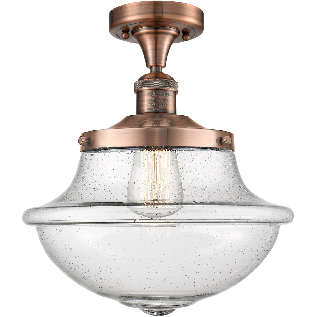 Franklin Restoration Large Oxford 1 Light 12 inch Antique Copper Semi-Flush Mount Ceiling Light in Seedy Glass, Franklin Restoration