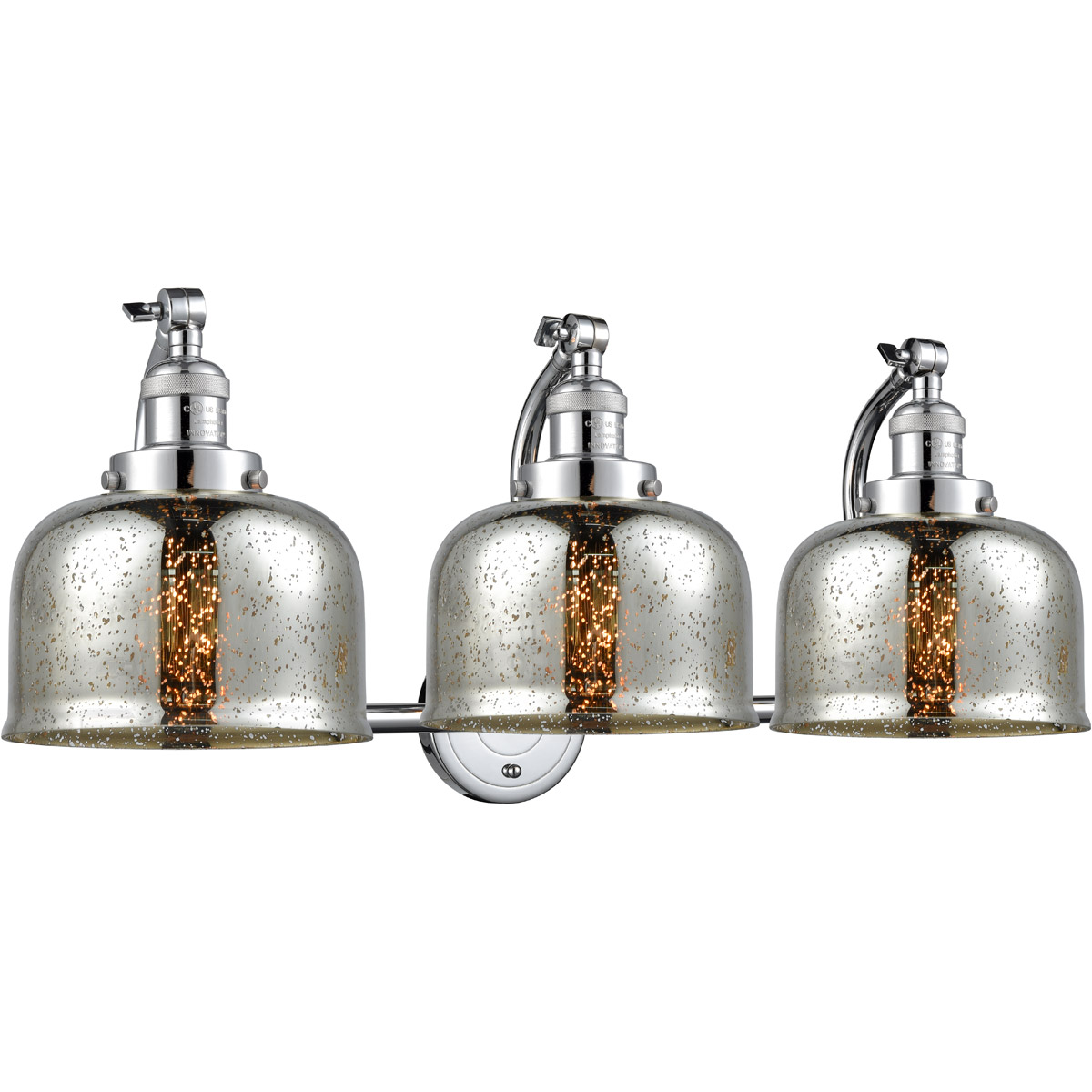 Franklin Restoration Large Bell 3 Light 28 inch Polished Chrome Bath Vanity Light Wall Light in Silver Plated Mercury Glass, Franklin Restoration