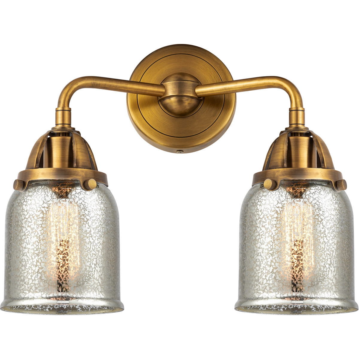 Nouveau 2 Small Bell LED 13 inch Brushed Brass Bath Vanity Light Wall Light in Silver Plated Mercury Glass
