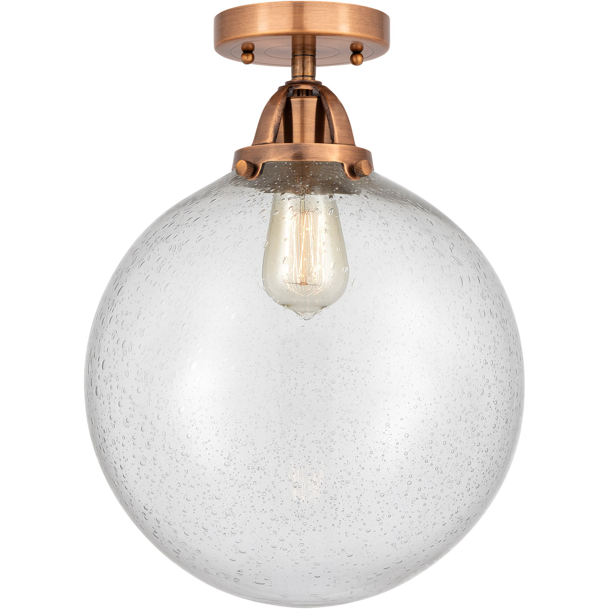 Nouveau 2 Beacon LED 12 inch Antique Copper Semi-Flush Mount Ceiling Light in Seedy Glass