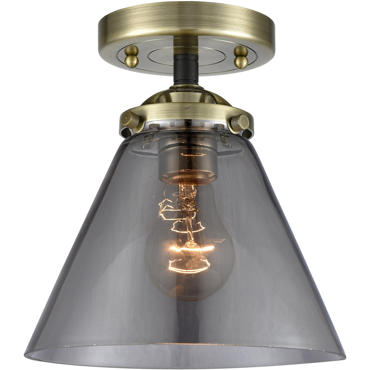 Nouveau Large Cone LED 7.75 inch Black Antique Brass Semi-Flush Mount Ceiling Light in Plated Smoke Glass, Nouveau