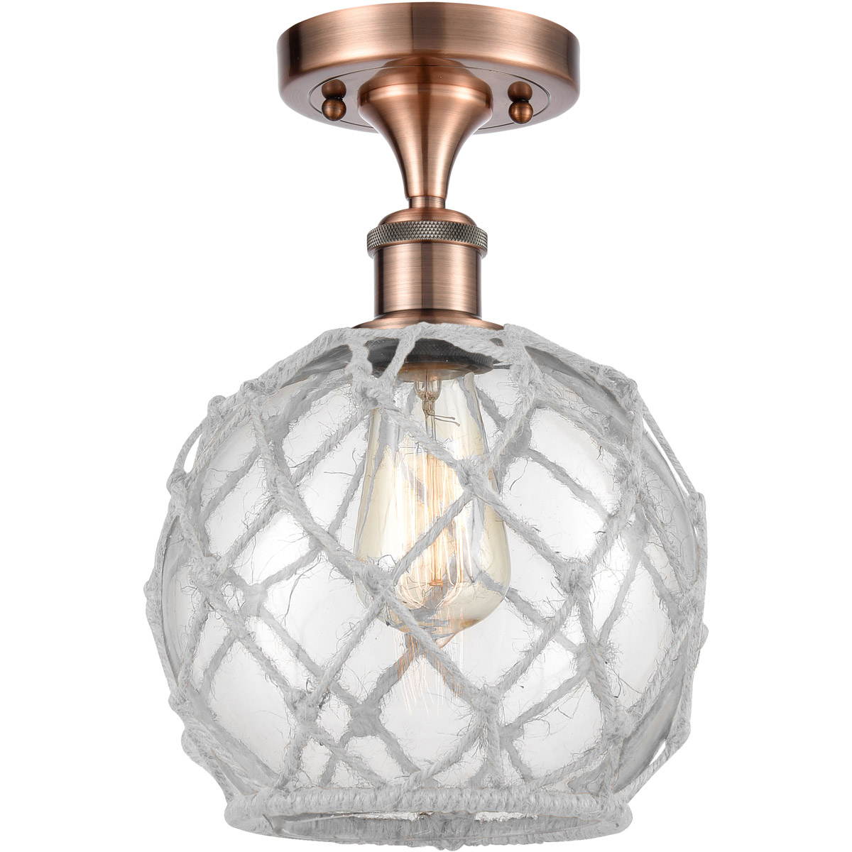Ballston Farmhouse Rope 1 Light 8 inch Antique Copper Semi-Flush Mount Ceiling Light in Clear Glass with White Rope, Ballston