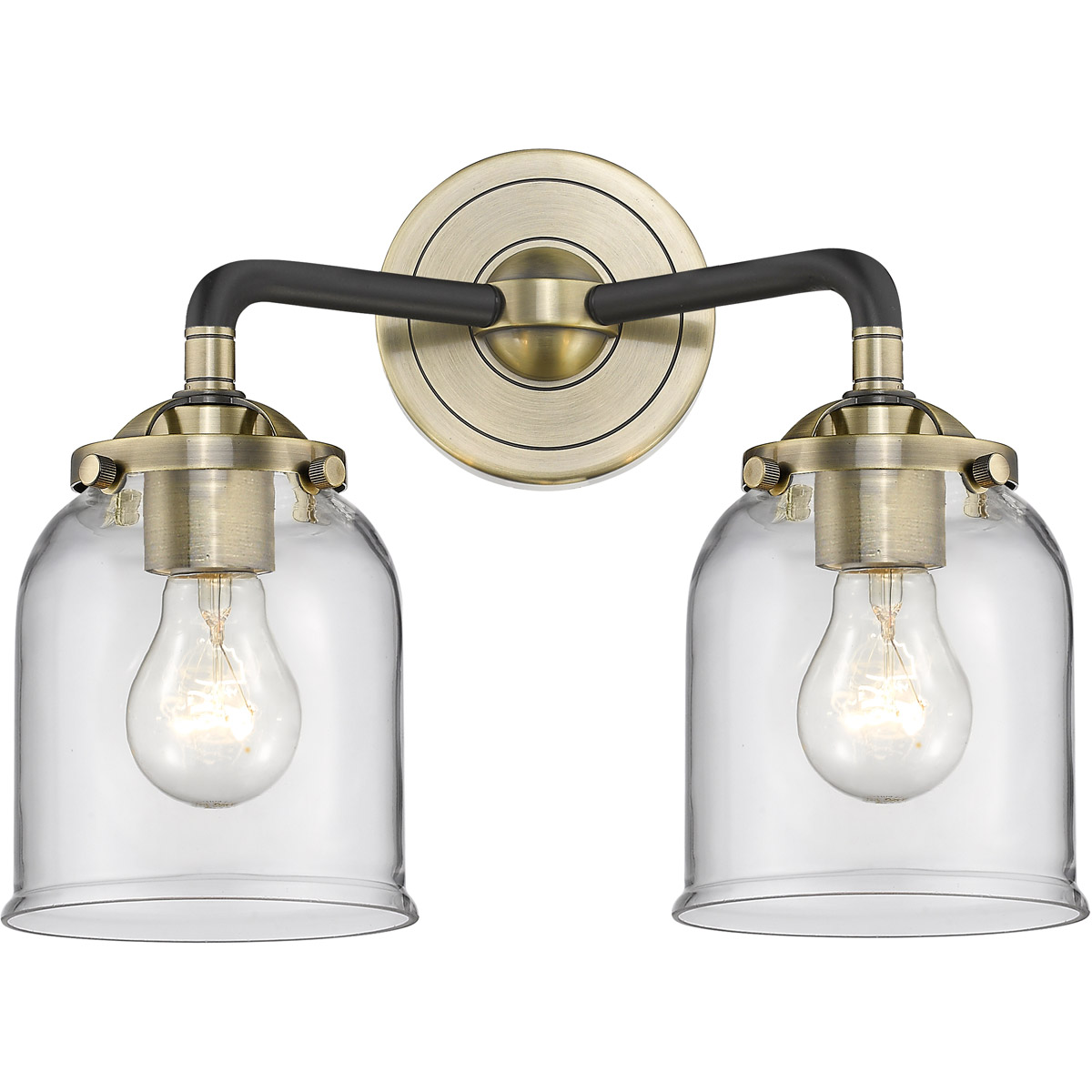 Nouveau Small Bell 2 Light 13 inch Black Antique Brass Bath Vanity Light Wall Light in Clear Glass, Nouveau