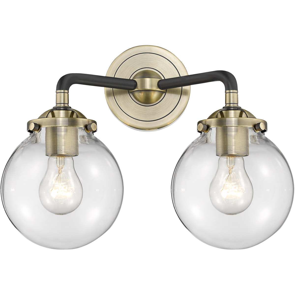 Nouveau Beacon 2 Light 14 inch Black Antique Brass Bath Vanity Light Wall Light in Clear Glass, Nouveau