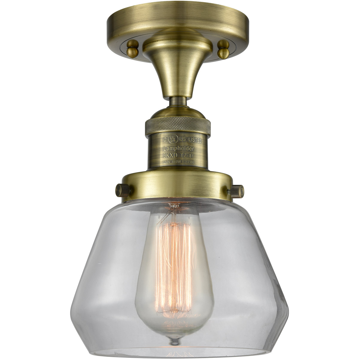 Franklin Restoration Fulton LED 7 inch Antique Brass Semi-Flush Mount Ceiling Light in Clear Glass, Franklin Restoration