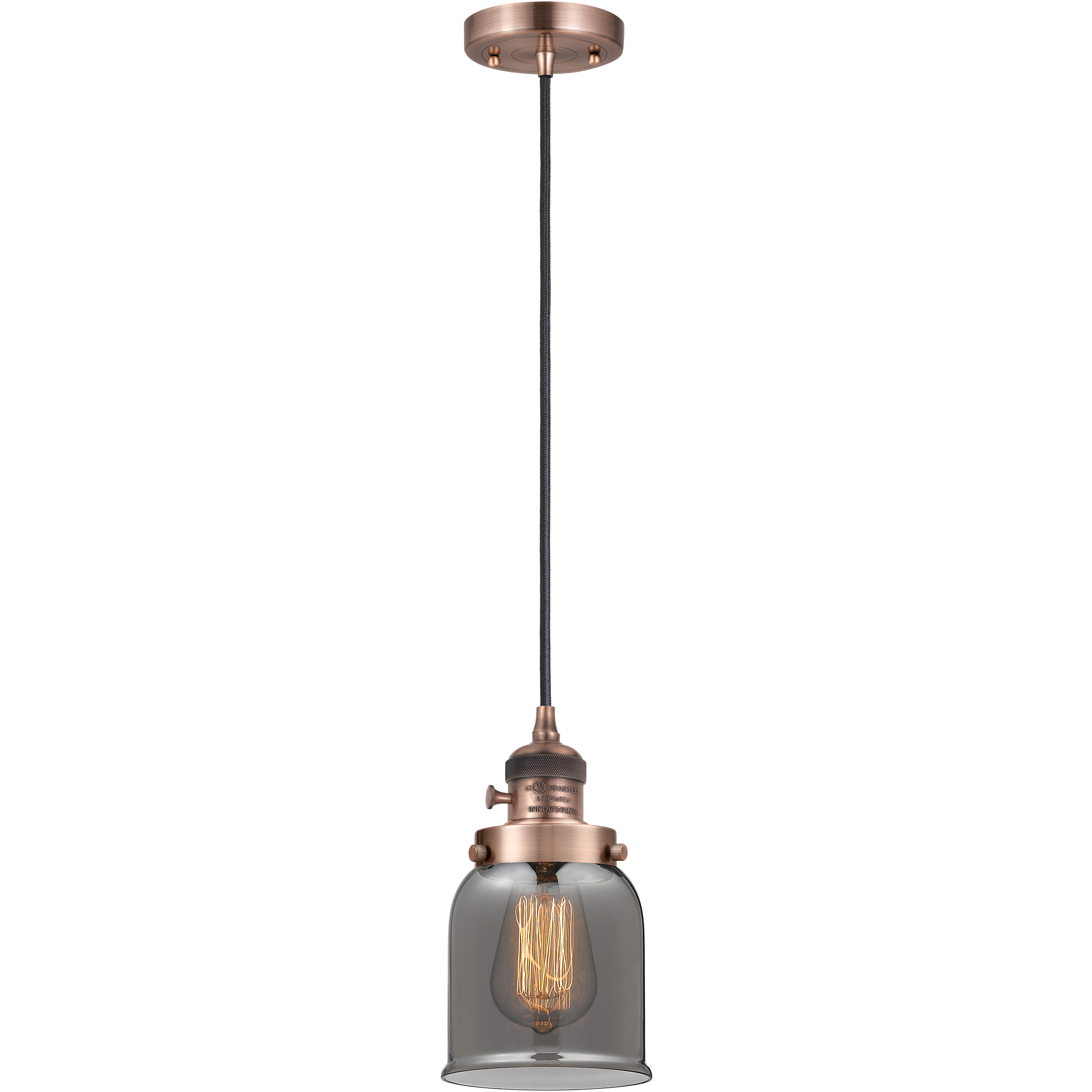Franklin Restoration Bell LED 5 inch Antique Copper Mini Pendant Ceiling Light in Light Smoke Glass