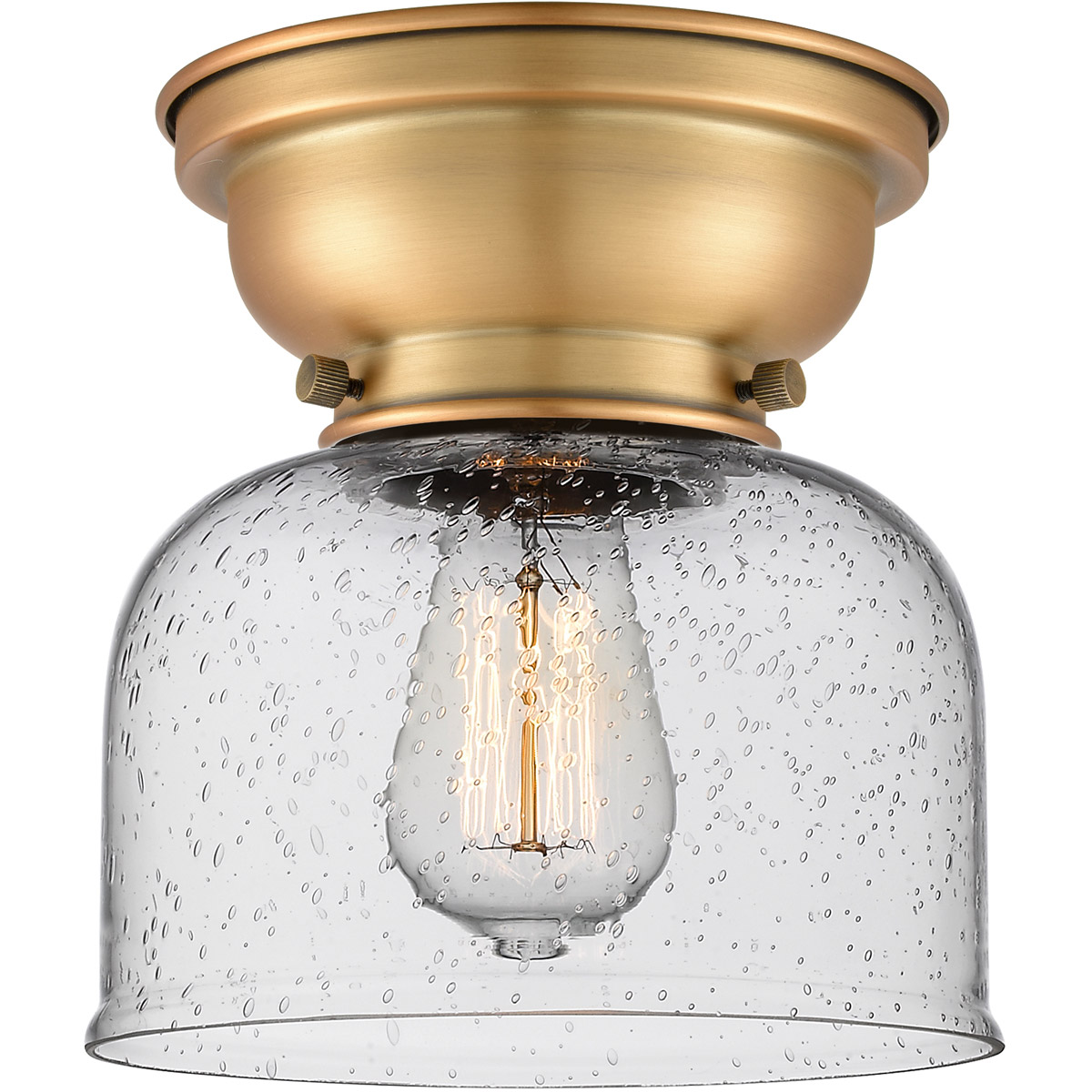 Aditi Large Bell LED 8 inch Brushed Brass Flush Mount Ceiling Light in Seedy Glass, Aditi