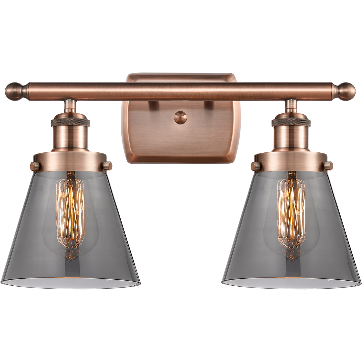 Ballston Small Cone 2 Light 16 inch Antique Copper Bath Vanity Light Wall Light in Light Smoke Glass
