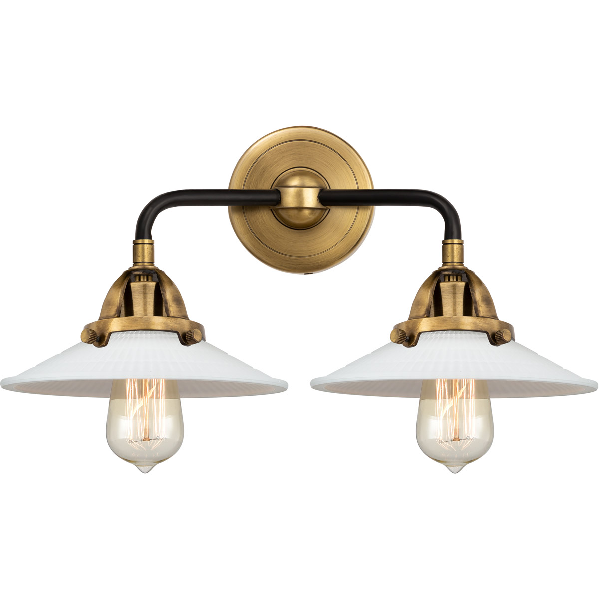 Nouveau 2 Halophane 2 Light 17 inch Black Antique Brass and Matte Black Bath Vanity Light Wall Light in Matte White Halophane Glass