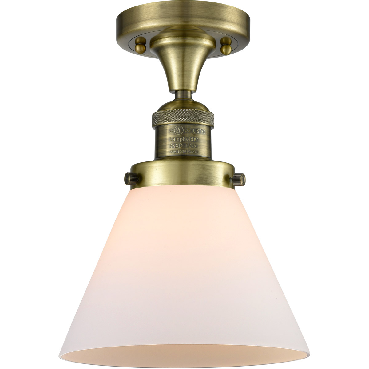 Franklin Restoration Large Cone 1 Light 8 inch Antique Brass Semi-Flush Mount Ceiling Light in Incandescent, Matte White Glass, Franklin Restoration