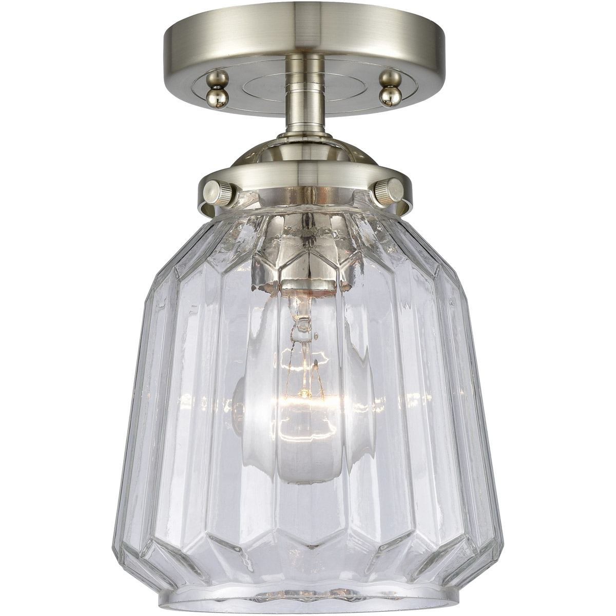 Nouveau Chatham LED 6 inch Brushed Satin Nickel Semi-Flush Mount Ceiling Light in Clear Glass, Nouveau