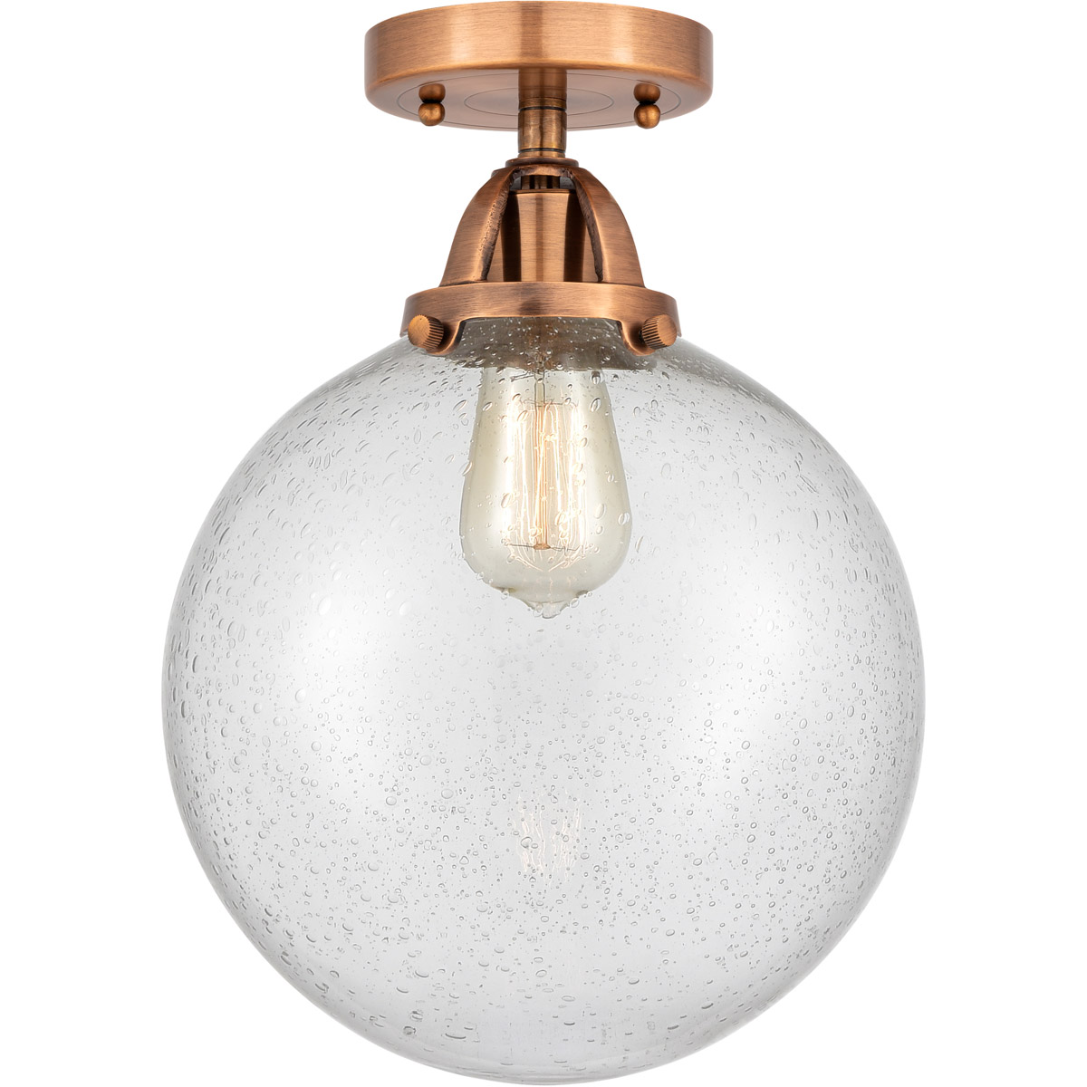 Nouveau 2 Beacon LED 10 inch Antique Copper Semi-Flush Mount Ceiling Light in Seedy Glass