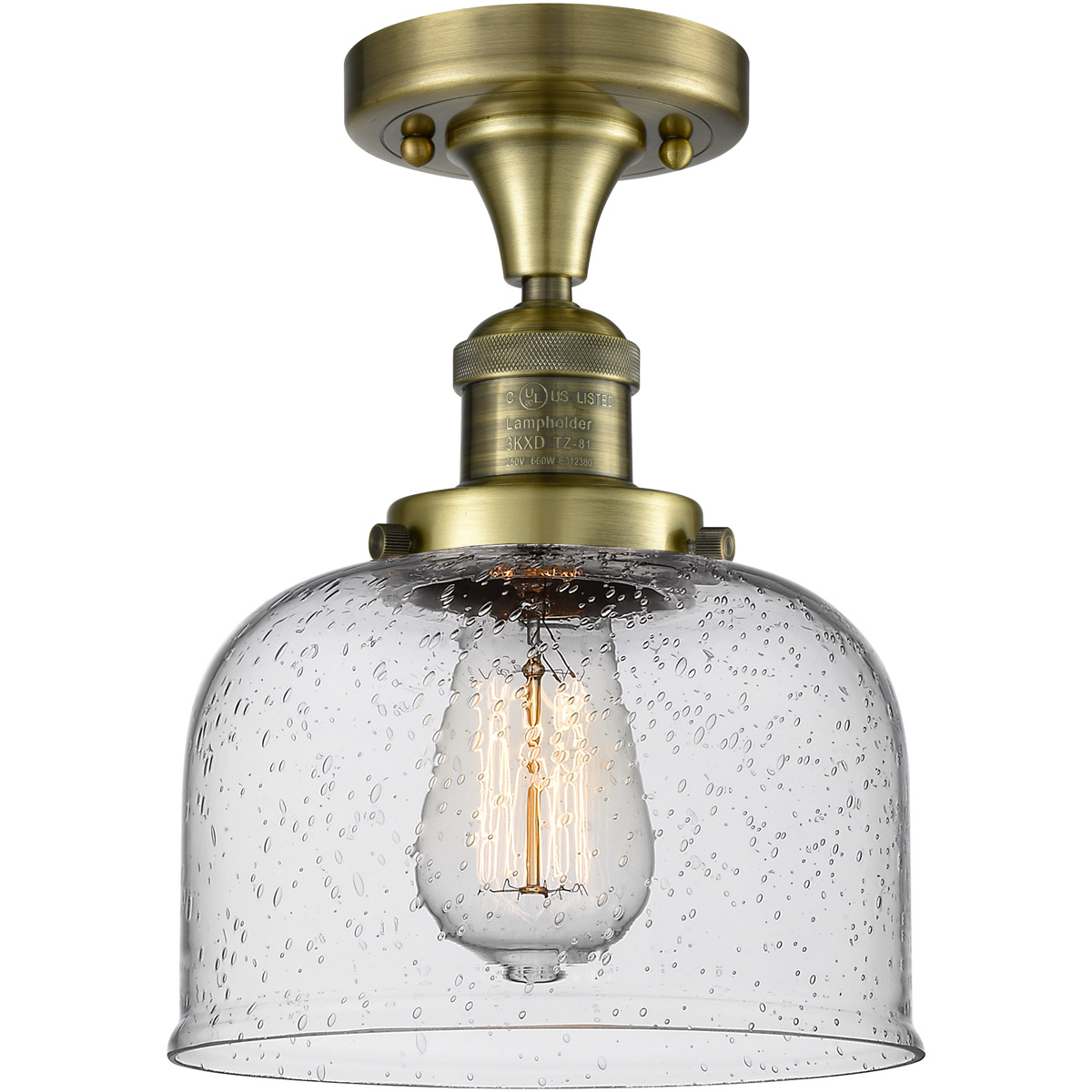 Franklin Restoration Large Bell LED 8 inch Antique Brass Semi-Flush Mount Ceiling Light in Seedy Glass, Franklin Restoration