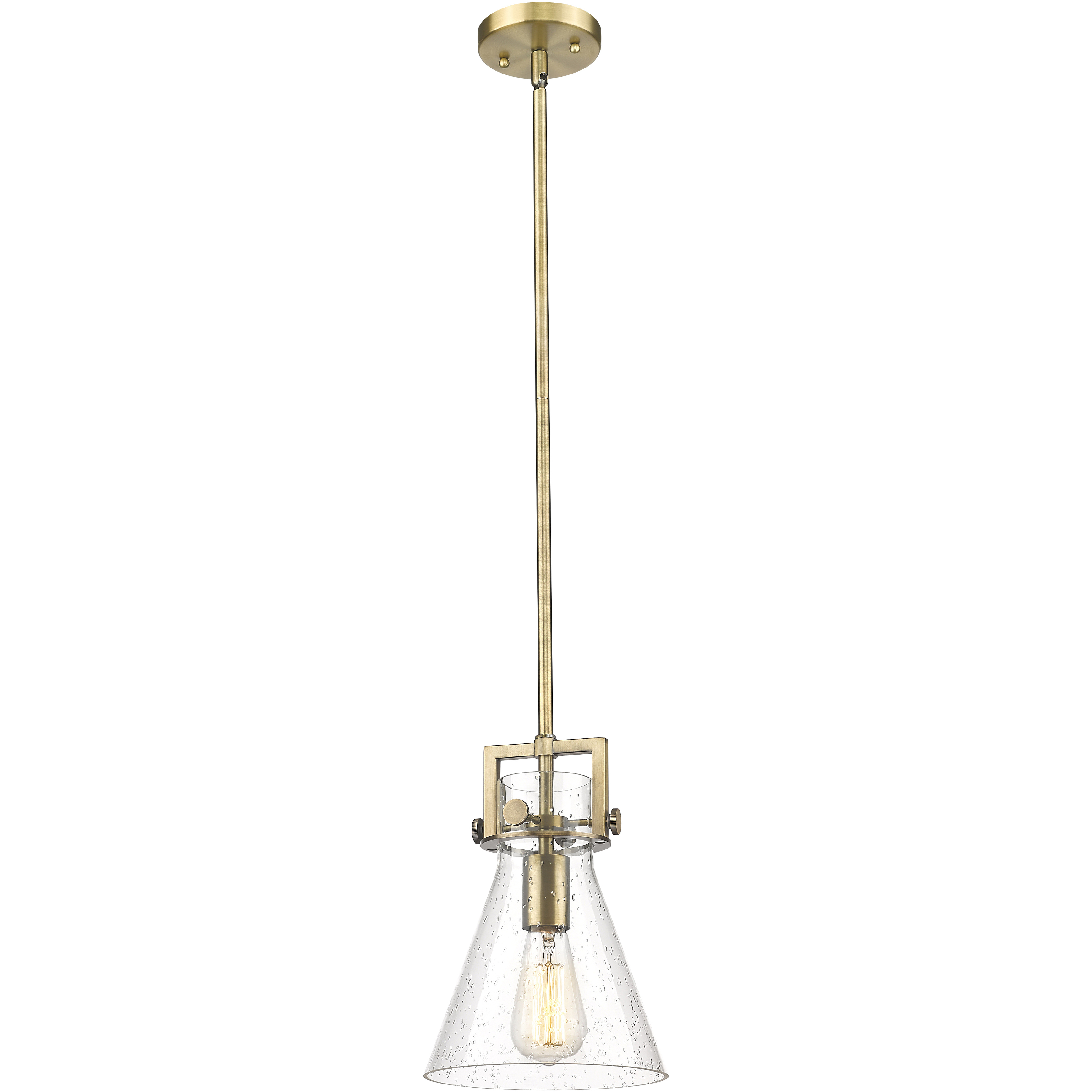 Newton Cone 1 Light 8 inch Brushed Brass Mini Pendant Ceiling Light in Seedy Glass