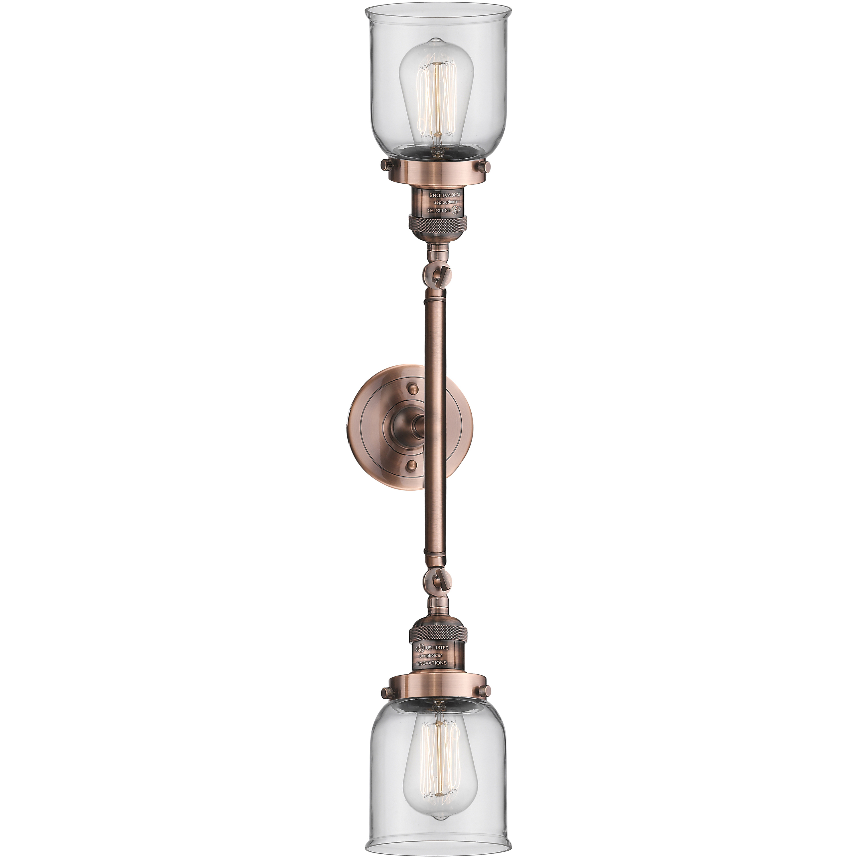 Franklin Restoration Small Bell 2 Light 16 inch Antique Copper Bath Vanity Light Wall Light in Clear Glass, Franklin Restoration