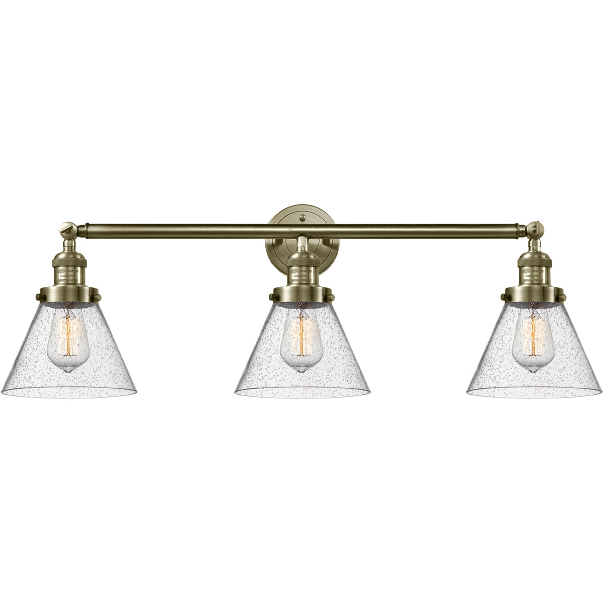 Franklin Restoration Large Cone 3 Light 32 inch Antique Brass Bath Vanity Light Wall Light in Incandescent, Seedy Glass, Franklin Restoration