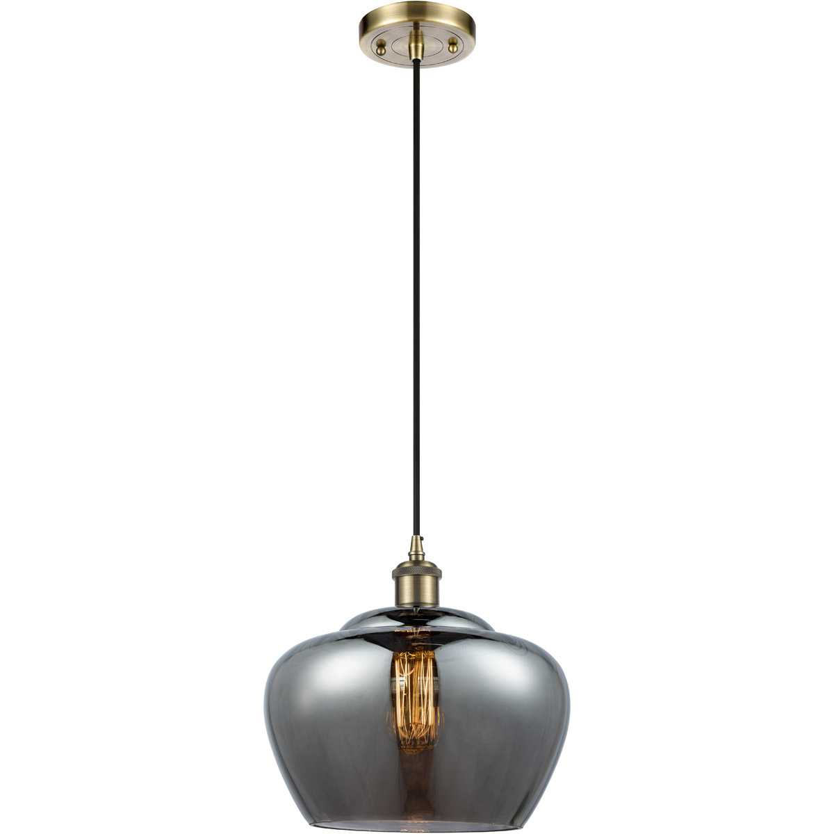 Ballston Large Fenton 1 Light 11 inch Antique Brass Mini Pendant Ceiling Light in Incandescent, Plated Smoke Glass, Ballston