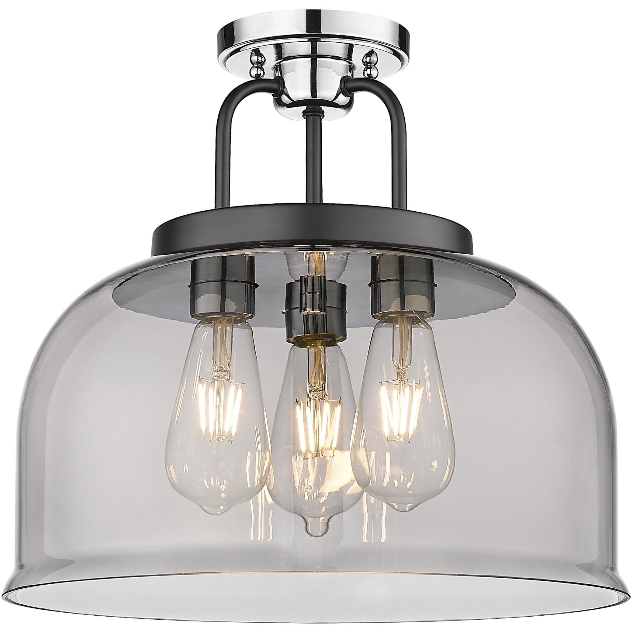 Kahana 3 Light 15 inch Black Polished Chrome Semi-Flush Mount Ceiling Light in Plated Smoke Glass