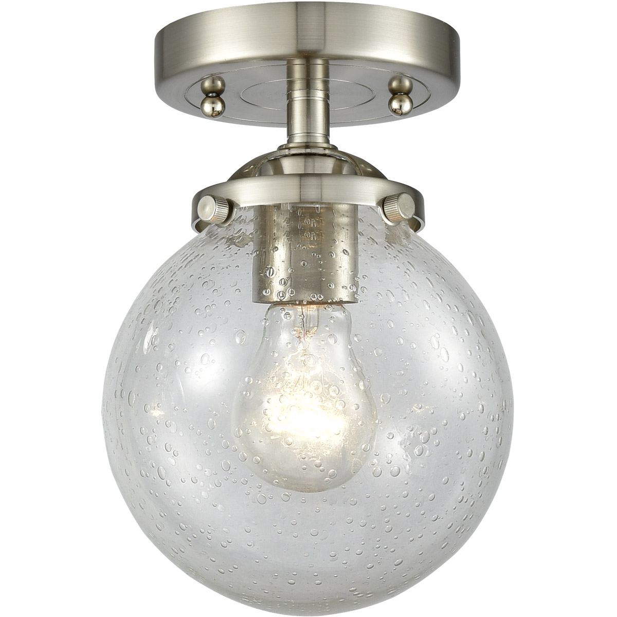 Nouveau Beacon LED 6 inch Brushed Satin Nickel Semi-Flush Mount Ceiling Light in Seedy Glass, Nouveau