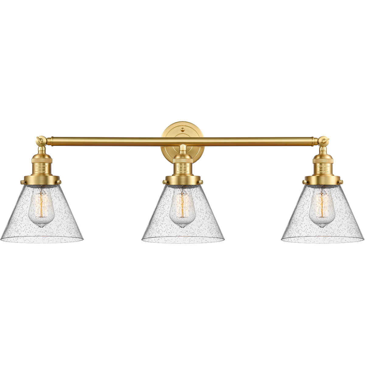 Franklin Restoration Large Cone LED 32 inch Satin Gold Bath Vanity Light Wall Light in Seedy Glass, Franklin Restoration