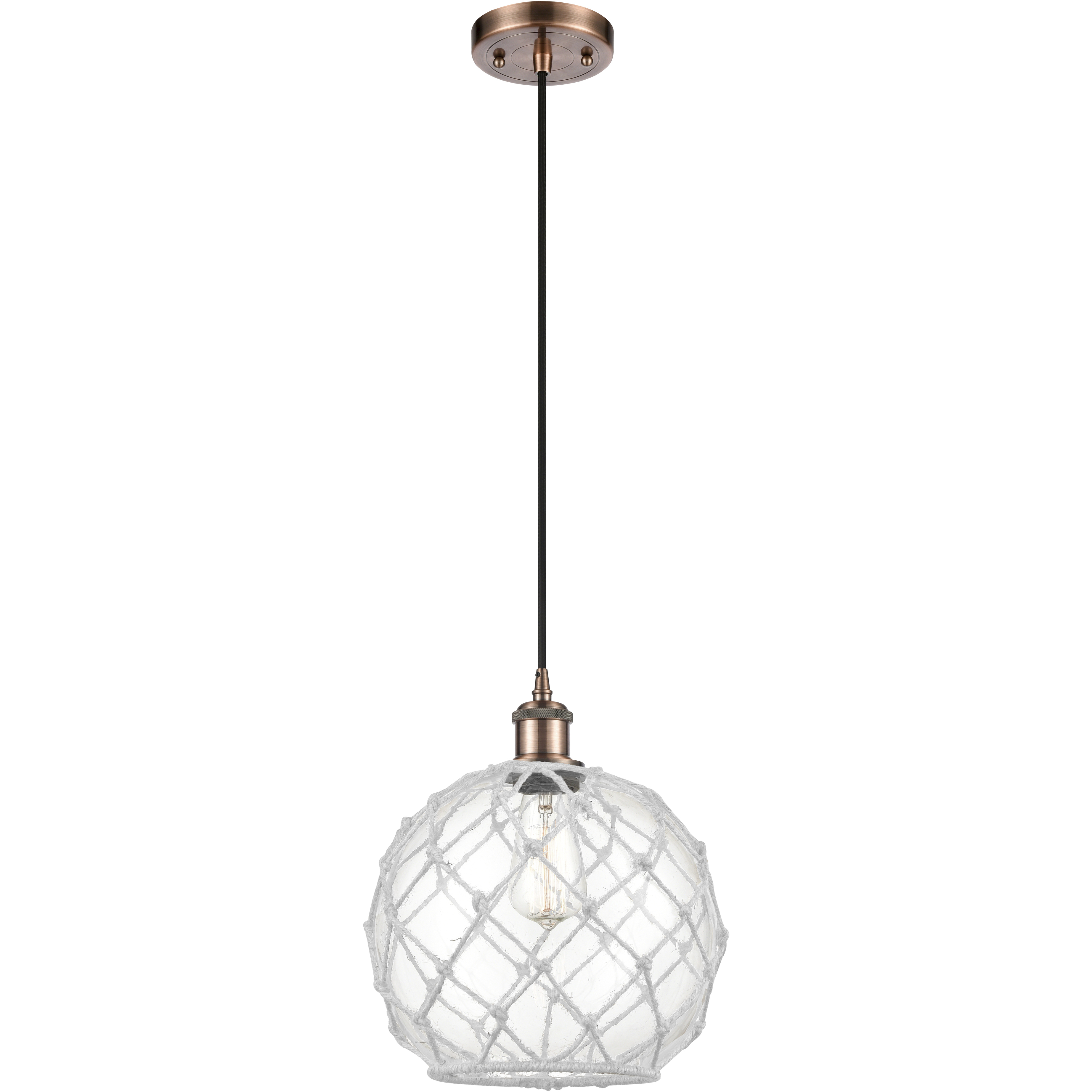 Ballston Large Farmhouse Rope LED 10 inch Antique Copper Mini Pendant Ceiling Light in Clear Glass with White Rope, Black Textured, Ballston