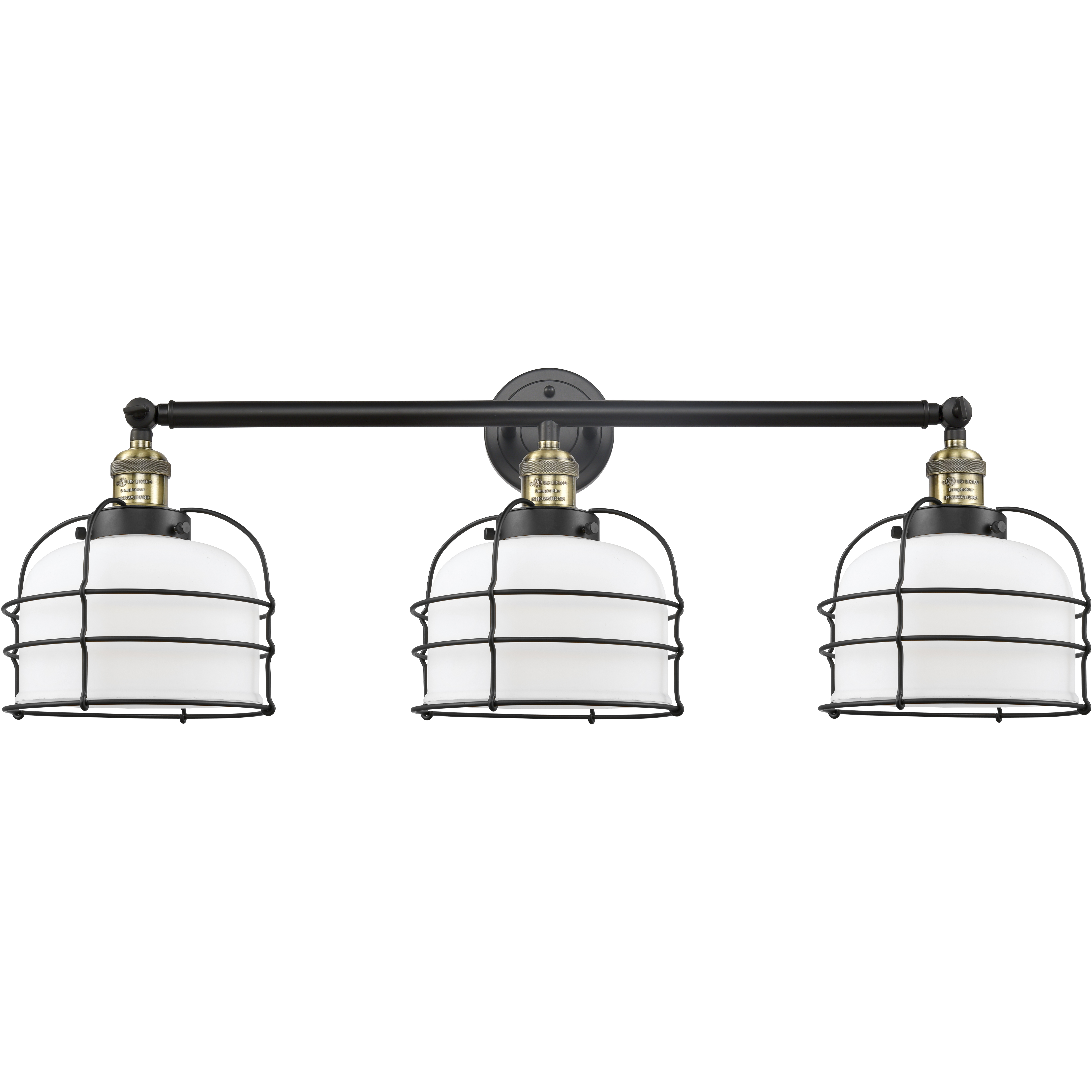 Franklin Restoration Large Bell Cage LED 34 inch Black Antique Brass Bath Vanity Light Wall Light in Matte White Glass, Franklin Restoration