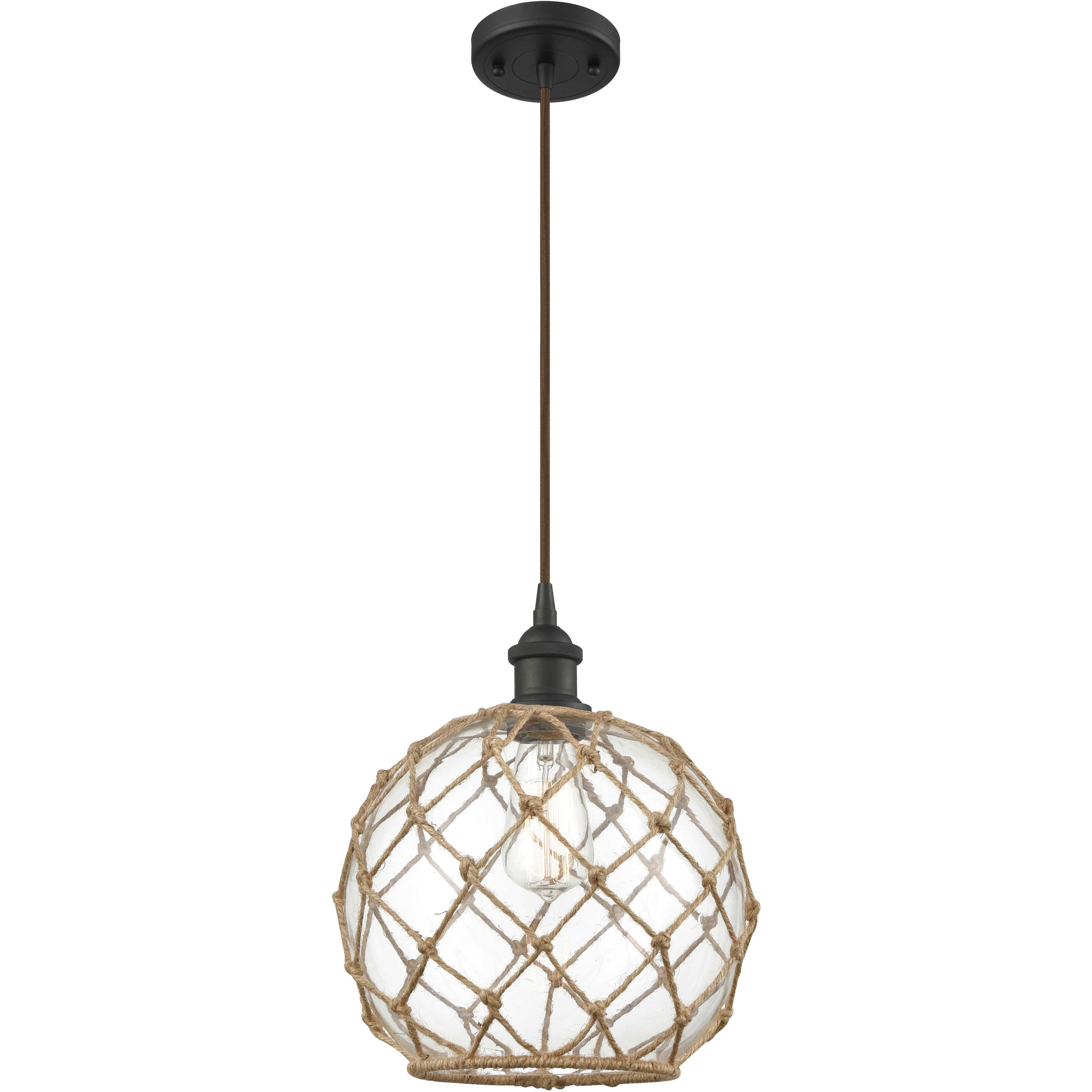 Ballston Farmhouse Rope LED 10 inch Oil Rubbed Bronze Mini Pendant Ceiling Light in Clear Glass with Brown Rope, Ballston