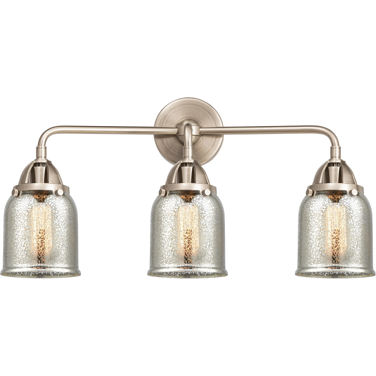 Nouveau 2 Small Bell LED 23 inch Brushed Brass Bath Vanity Light Wall Light in Silver Plated Mercury Glass