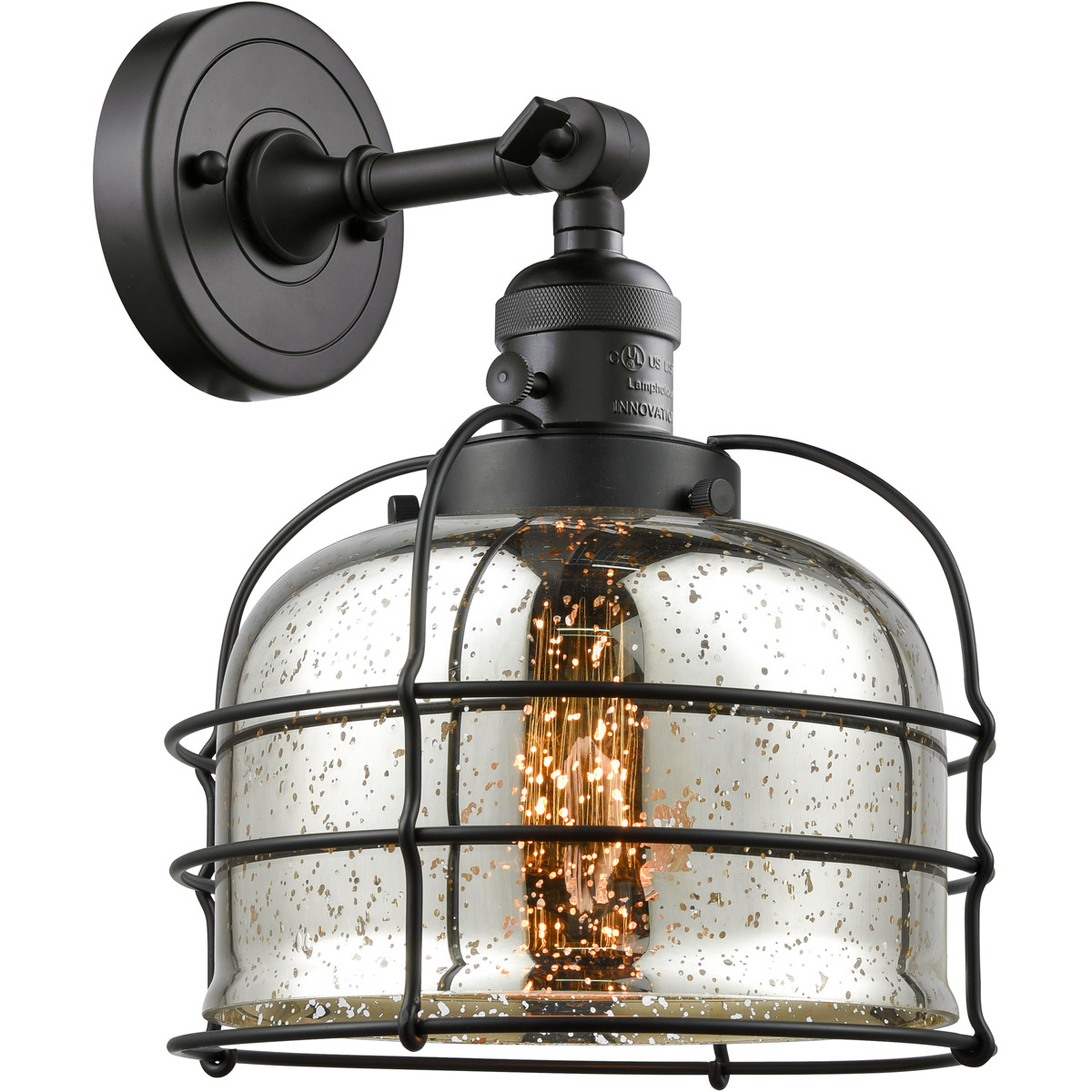 Franklin Restoration Large Bell Cage 1 Light 9 inch Matte Black Sconce Wall Light in Silver Plated Mercury Glass, Franklin Restoration