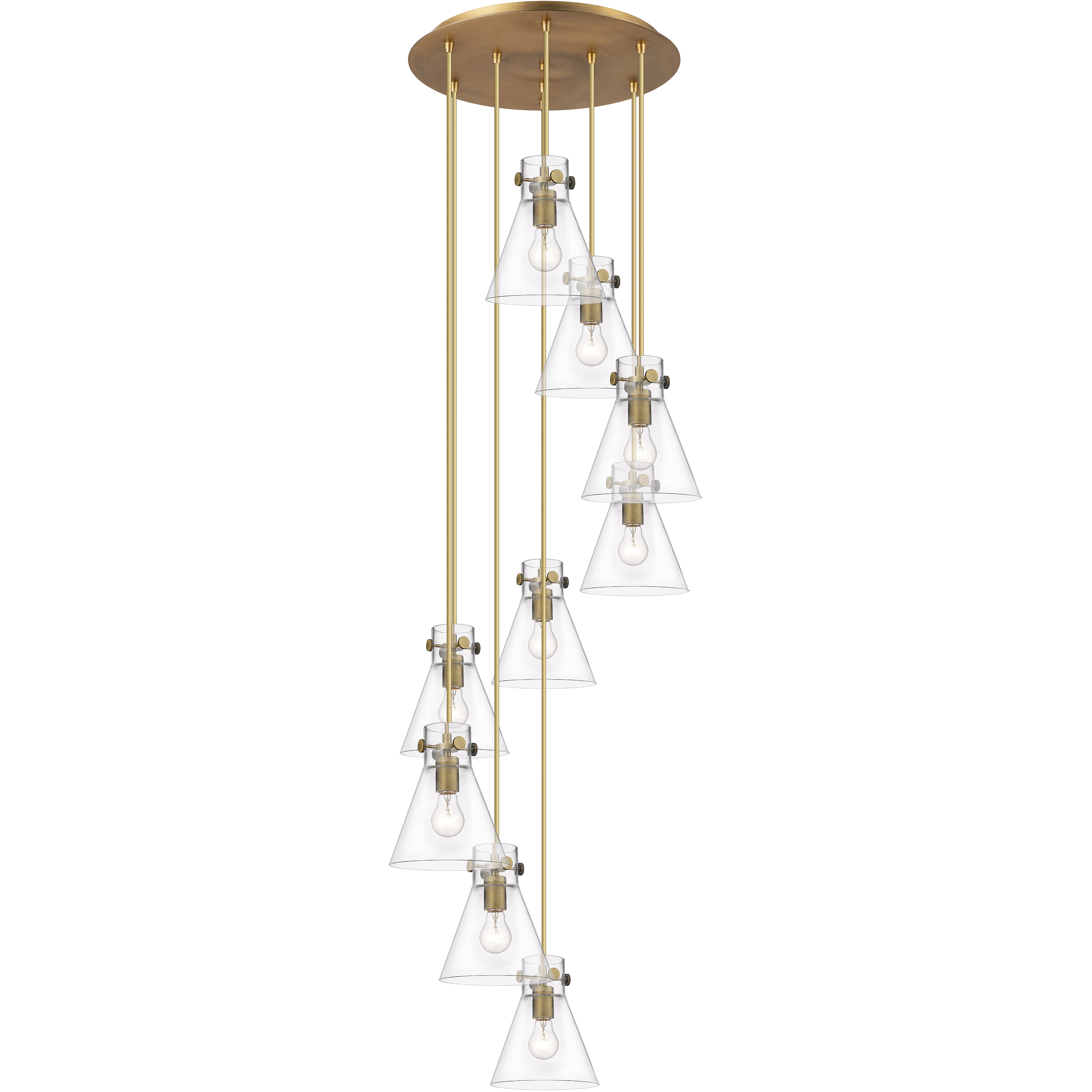Newton Cone 9 Light 22.13 inch Brushed Brass Multi Pendant Ceiling Light in Clear Glass