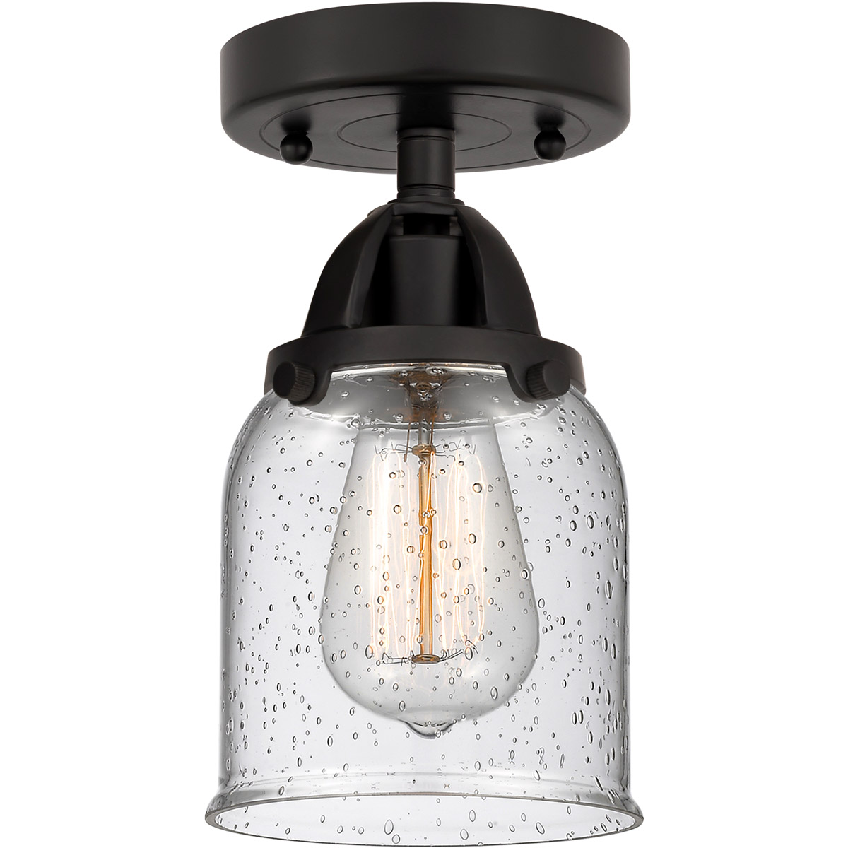 Nouveau 2 Small Bell LED 5 inch Matte Black Semi-Flush Mount Ceiling Light in Seedy Glass