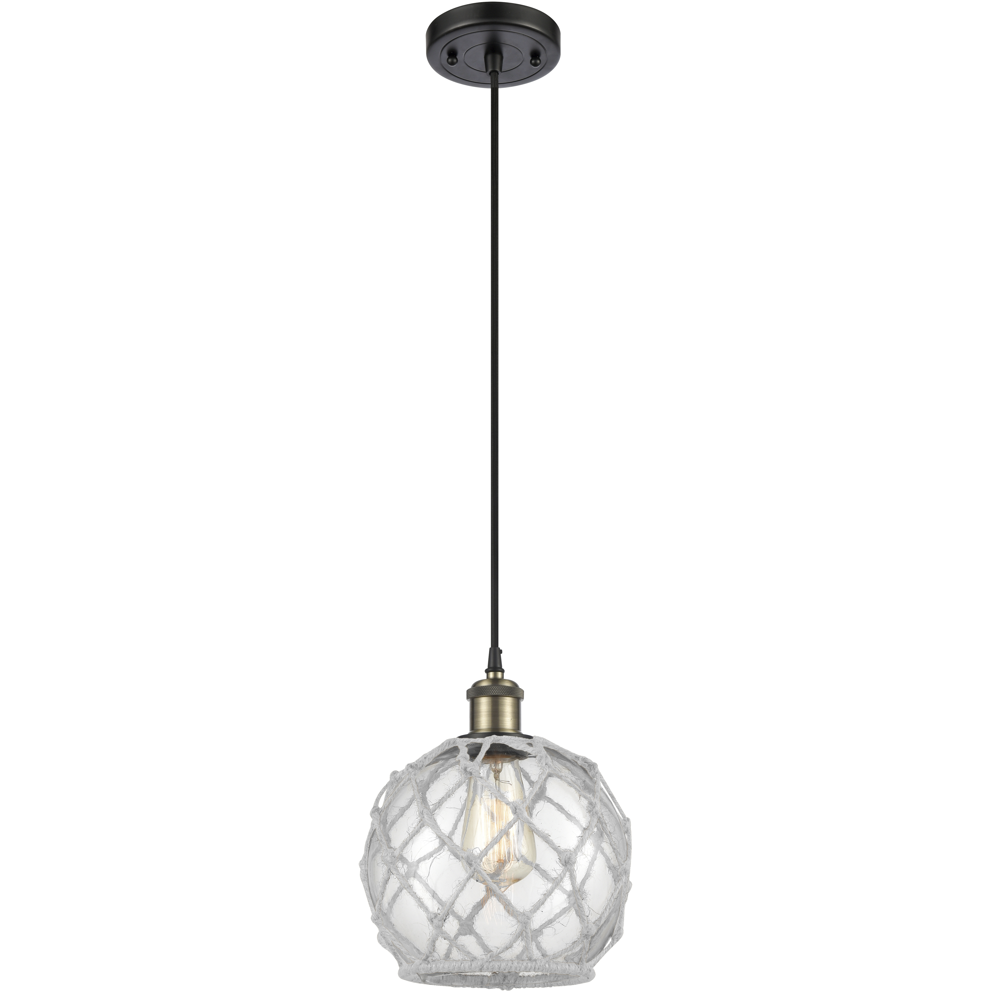 Ballston Farmhouse Rope LED 8 inch Black Antique Brass Mini Pendant Ceiling Light in Clear Glass with White Rope, Ballston