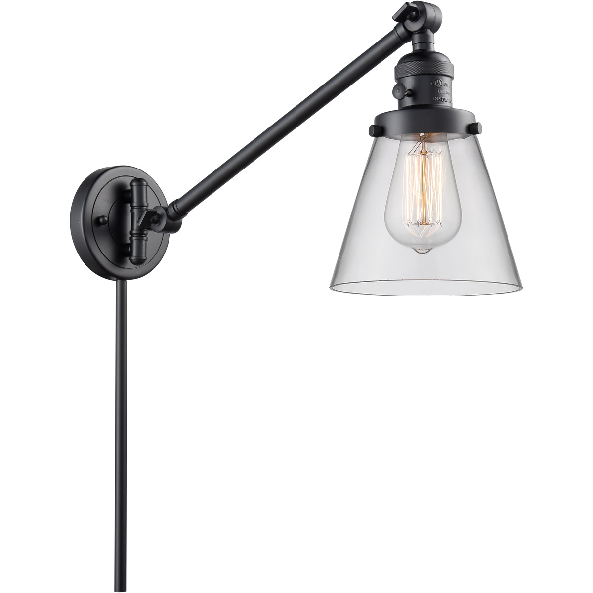 Small Cone 21 inch 3.50 watt Matte Black Swing Arm Wall Light, Franklin Restoration