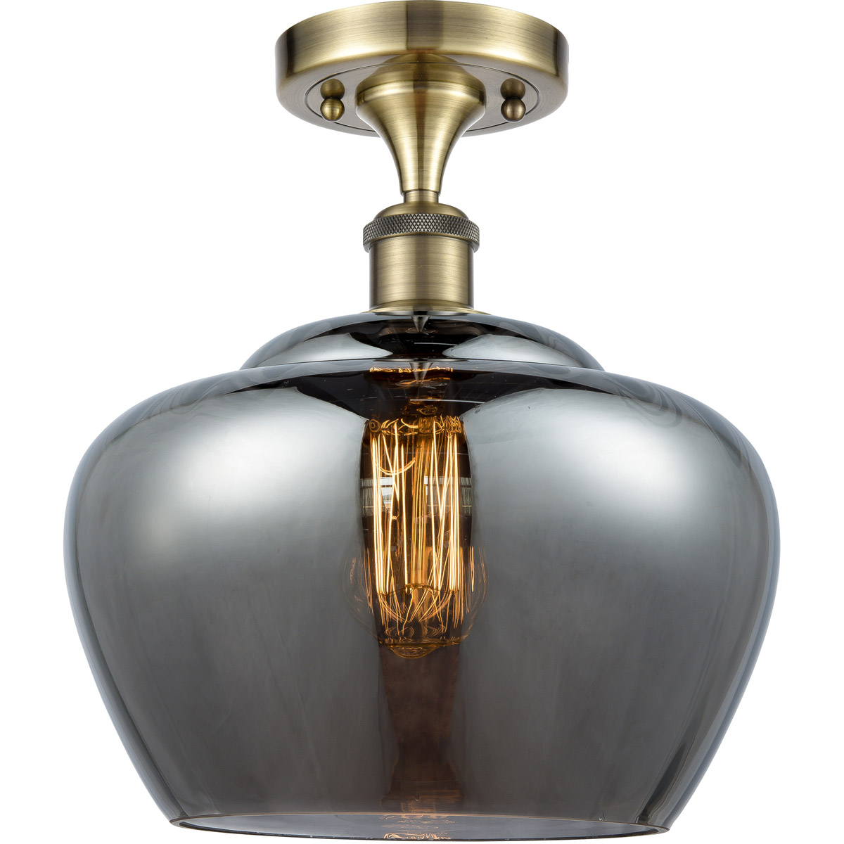 Ballston Large Fenton LED 11 inch Antique Brass Semi-Flush Mount Ceiling Light in Plated Smoke Glass, Ballston