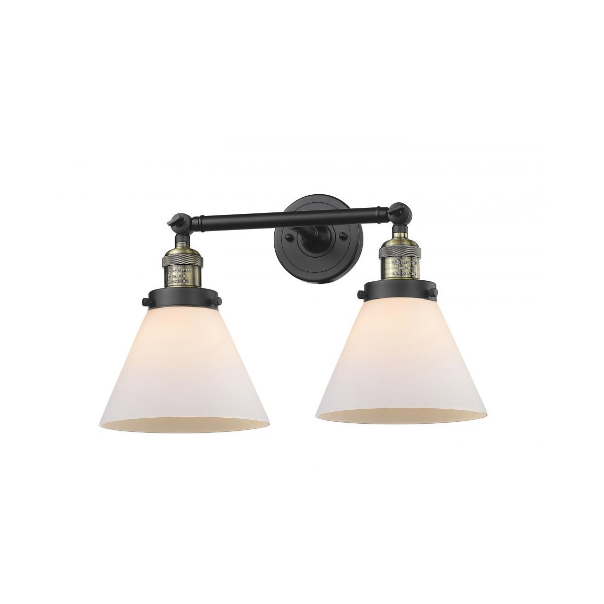 Franklin Restoration Large Cone 2 Light 18 inch Black Antique Brass Bath Vanity Light Wall Light in Matte White Glass, Franklin Restoration