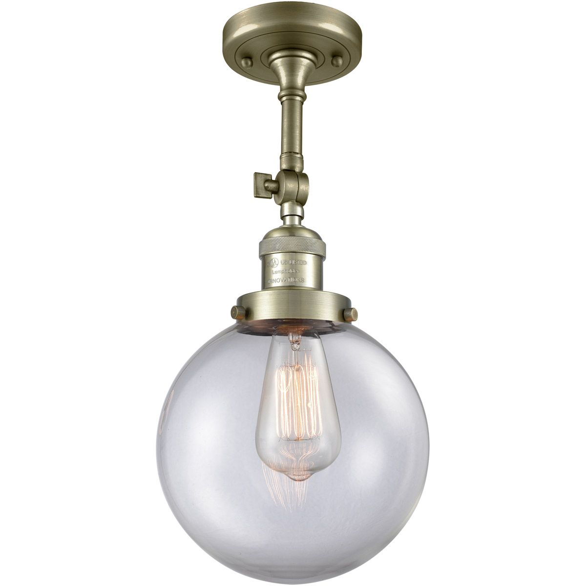 Franklin Restoration Large Beacon LED 8 inch Antique Brass Semi-Flush Mount Ceiling Light in Clear Glass, Franklin Restoration