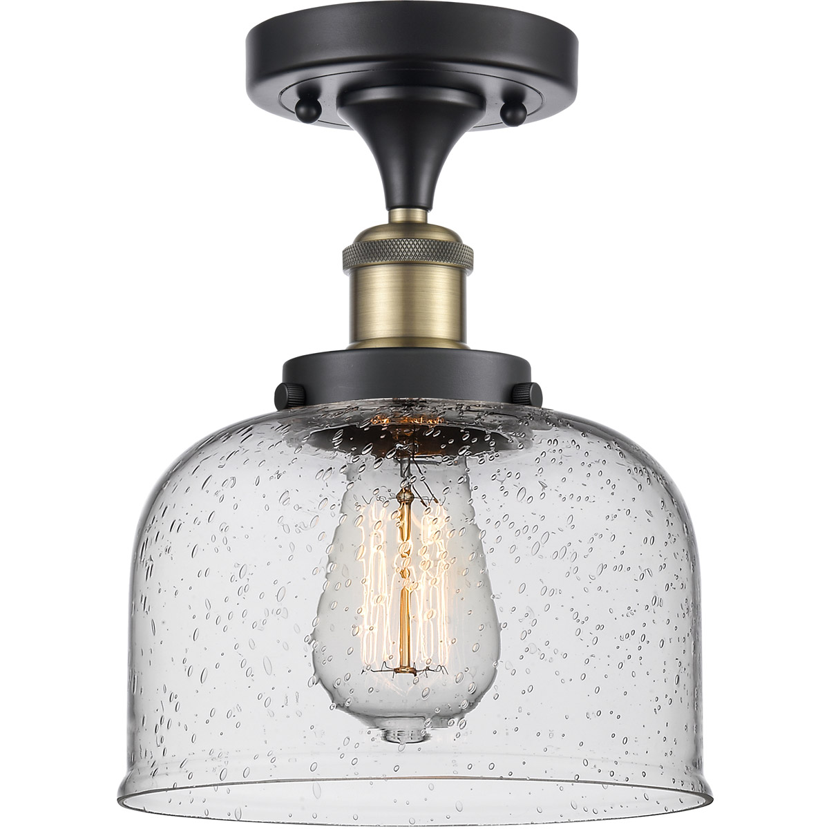 Ballston Large Bell LED 8 inch Black Antique Brass Semi-Flush Mount Ceiling Light in Seedy Glass