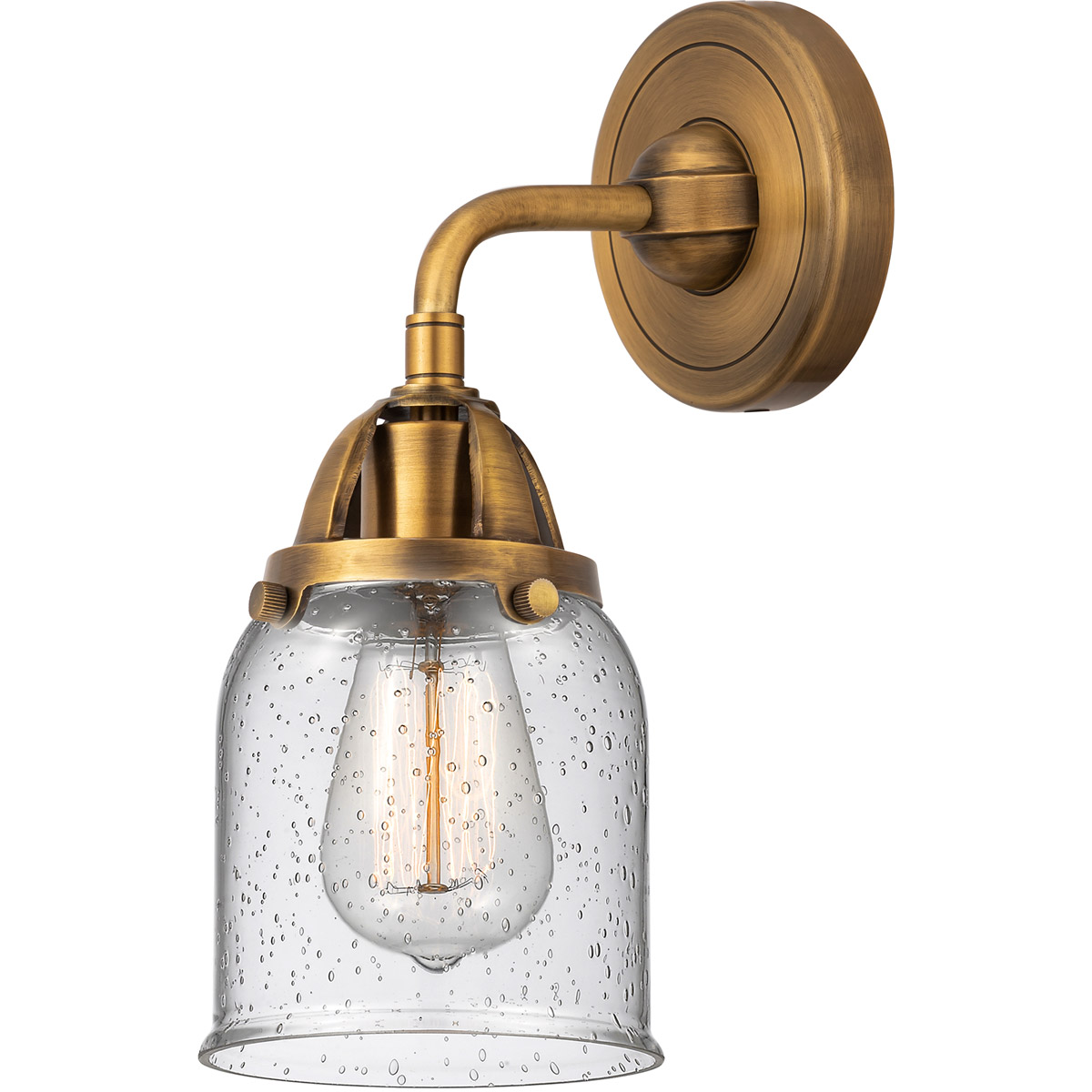 Nouveau 2 Small Bell LED 5 inch Brushed Brass Sconce Wall Light in Seedy Glass