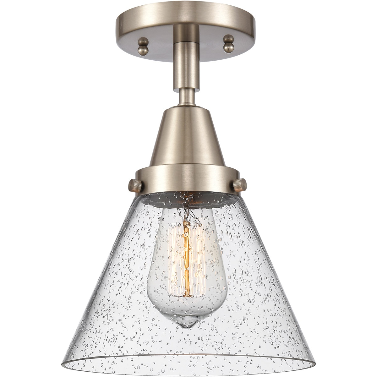 Franklin Restoration Large Cone 1 Light 8 inch Brushed Satin Nickel Flush Mount Ceiling Light in Seedy Glass