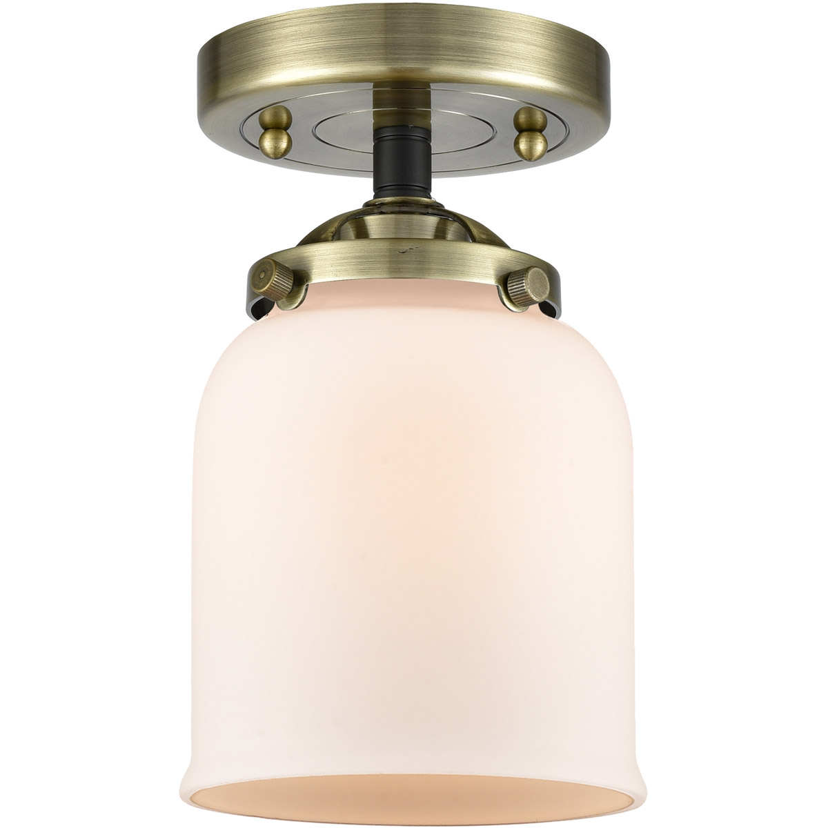 Nouveau Small Bell LED 5 inch Black Antique Brass Semi-Flush Mount Ceiling Light in Matte White Glass, Nouveau
