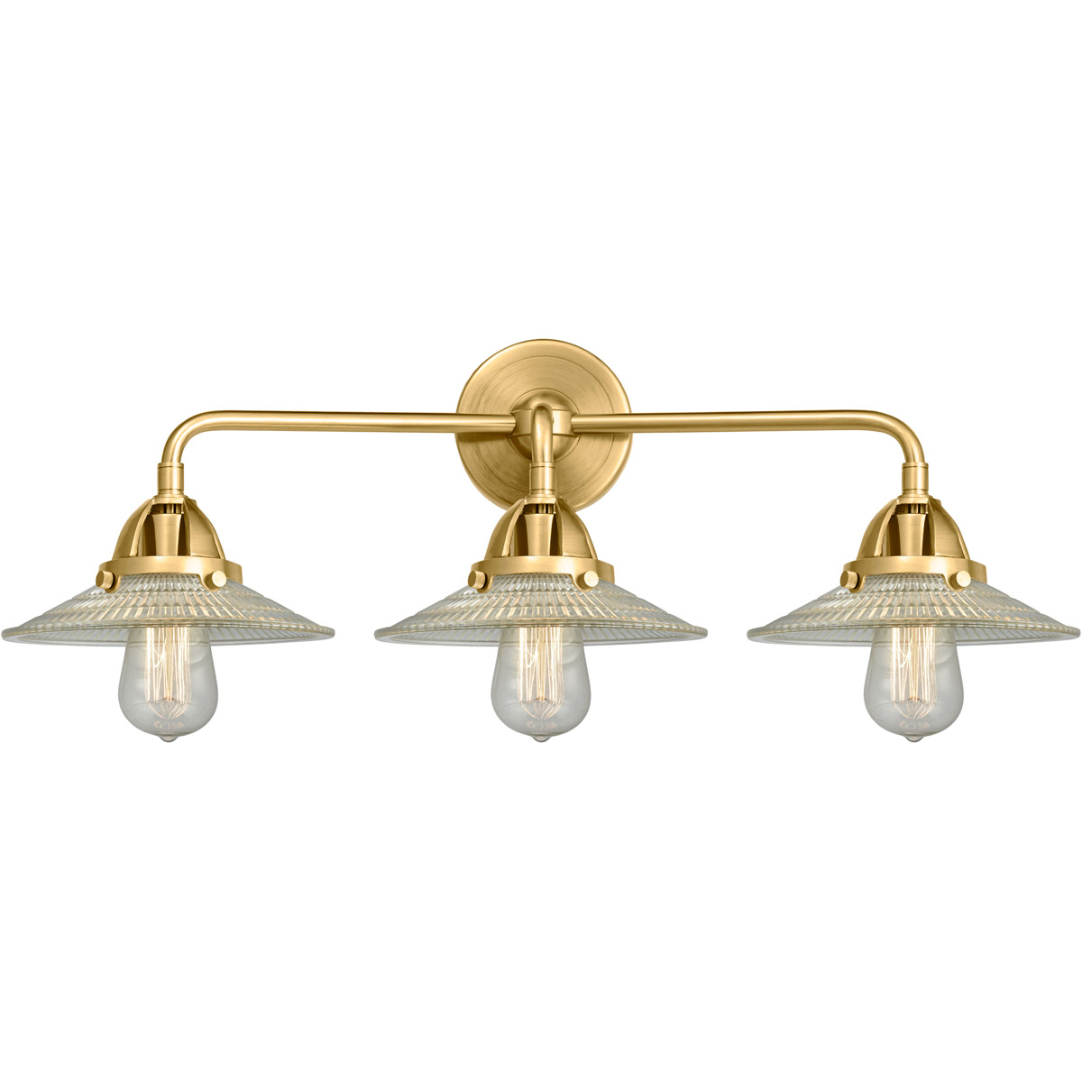 Nouveau 2 Halophane 3 Light 27 inch Satin Gold Bath Vanity Light Wall Light in Clear Halophane Glass