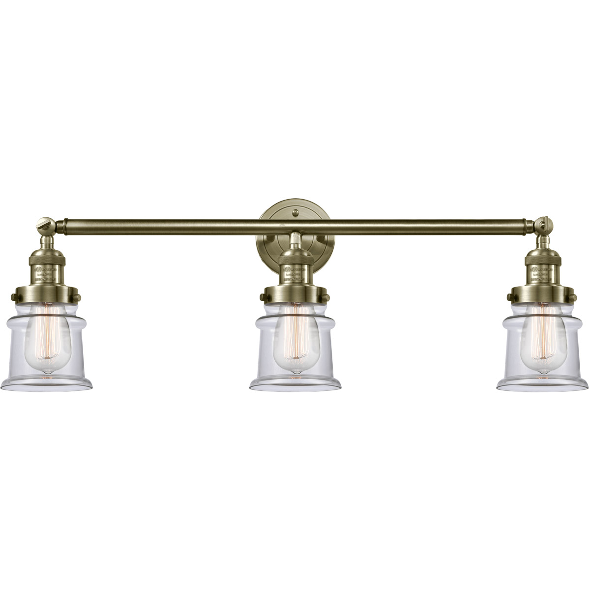 Franklin Restoration Small Canton 3 Light 30 inch Antique Brass Bath Vanity Light Wall Light in Incandescent, Clear Glass, Franklin Restoration