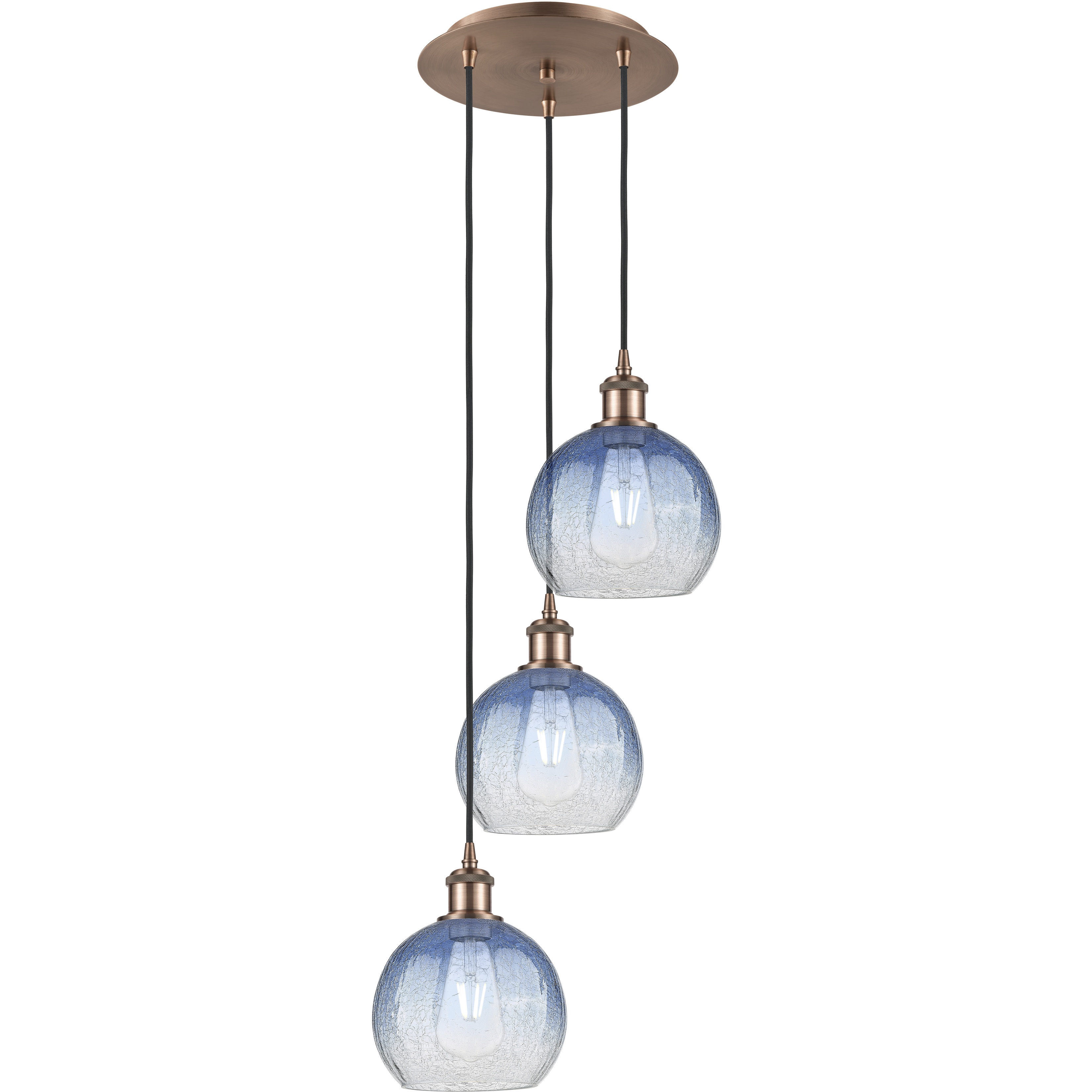 Ballston Brookhaven Globe 3 Light 14.5 inch Antique Copper Multi Pendant Ceiling Light in Sapphire Blue Glass