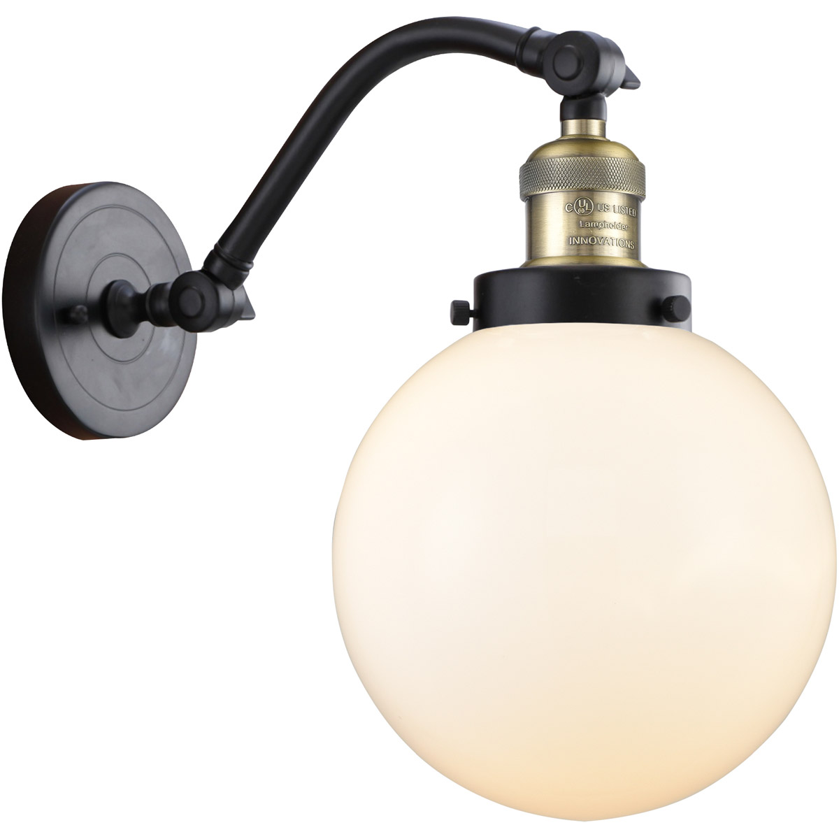 Franklin Restoration Large Beacon 1 Light 8 inch Black Antique Brass Sconce Wall Light in Matte White Glass, Franklin Restoration