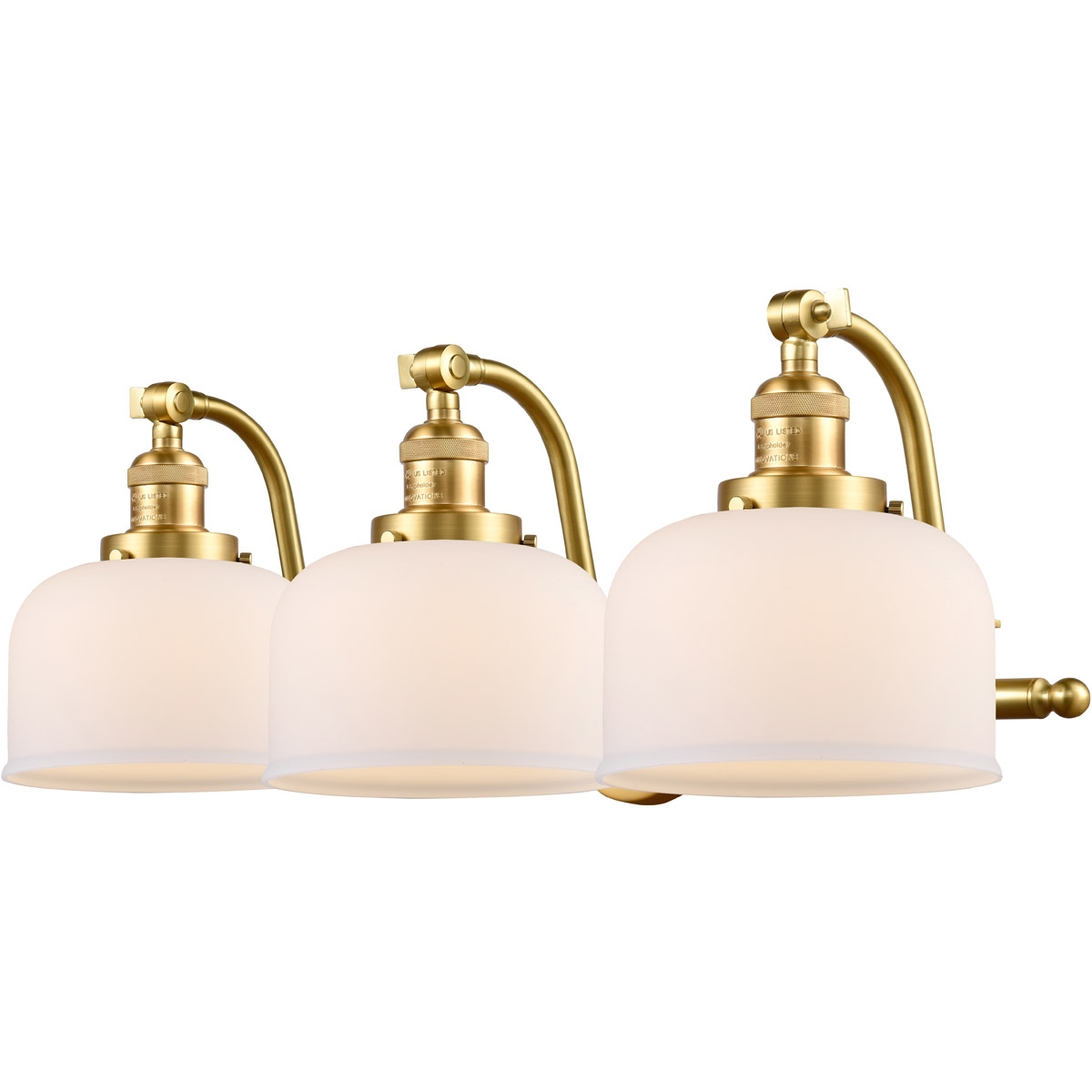 Franklin Restoration Large Bell 3 Light 28 inch Satin Gold Bath Vanity Light Wall Light in Matte White Glass, Franklin Restoration
