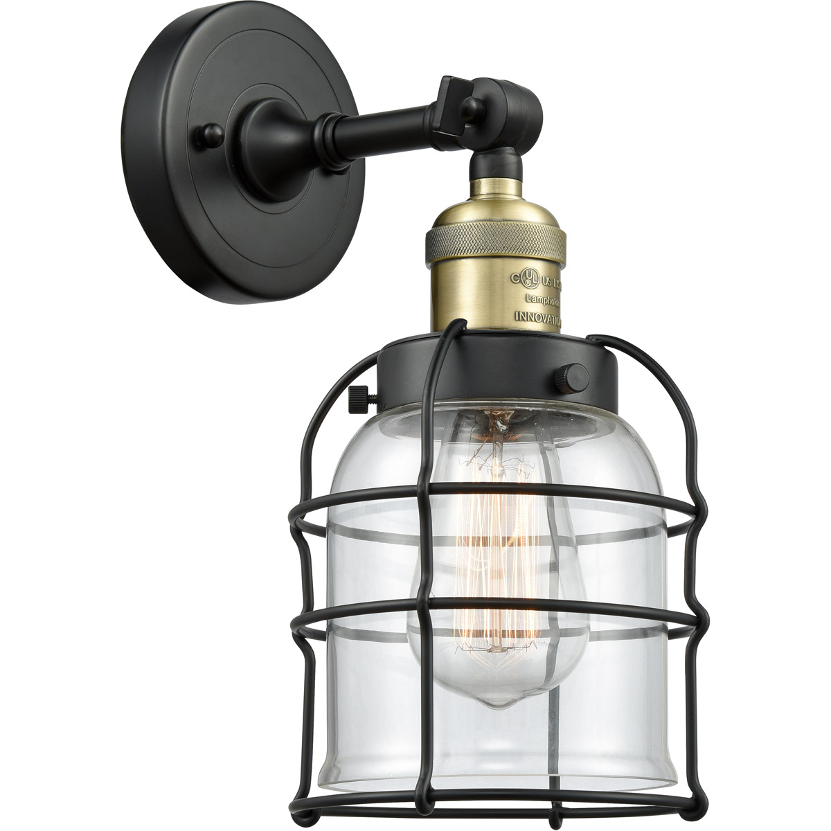 Franklin Restoration Small Bell Cage LED 6 inch Black Antique Brass Sconce Wall Light in Clear Glass, Franklin Restoration