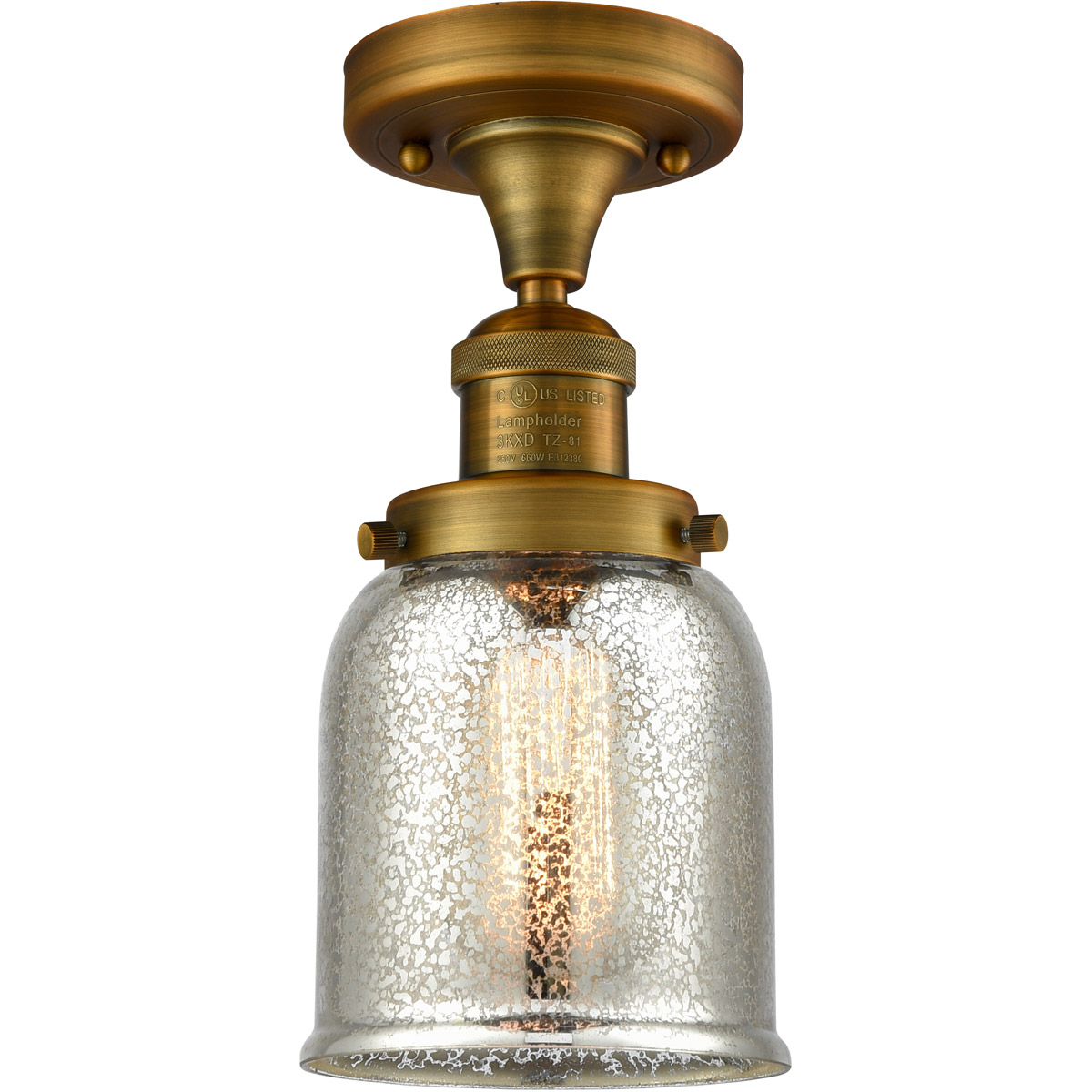 Franklin Restoration Small Bell LED 5 inch Brushed Brass Semi-Flush Mount Ceiling Light in Silver Plated Mercury Glass, Franklin Restoration