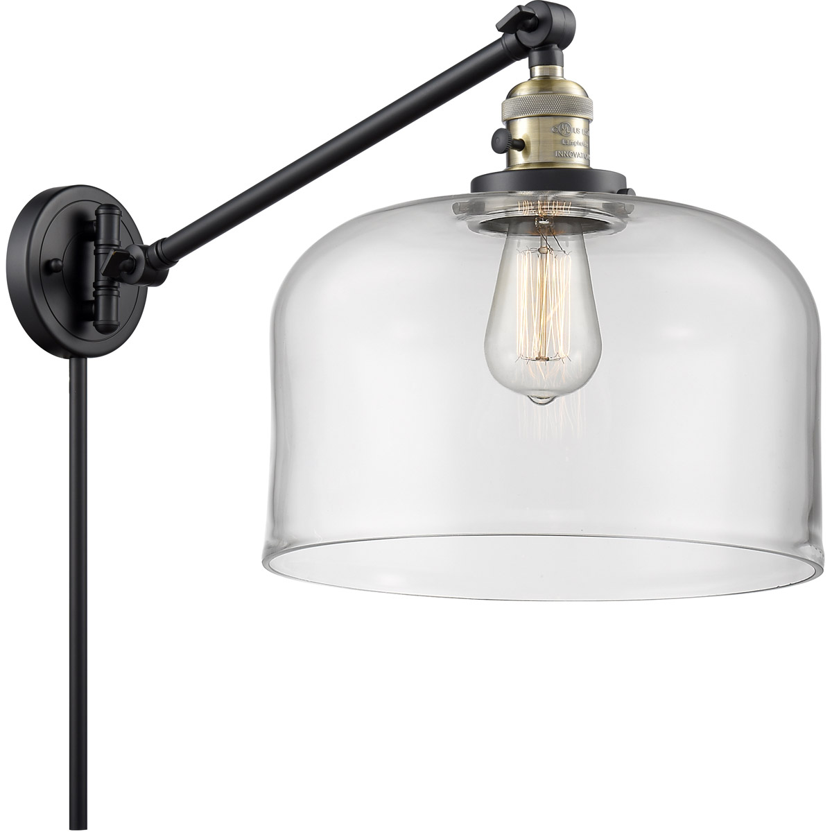 X-Large Bell 12 inch 60.00 watt Black Antique Brass Swing Arm Wall Light, Franklin Restoration