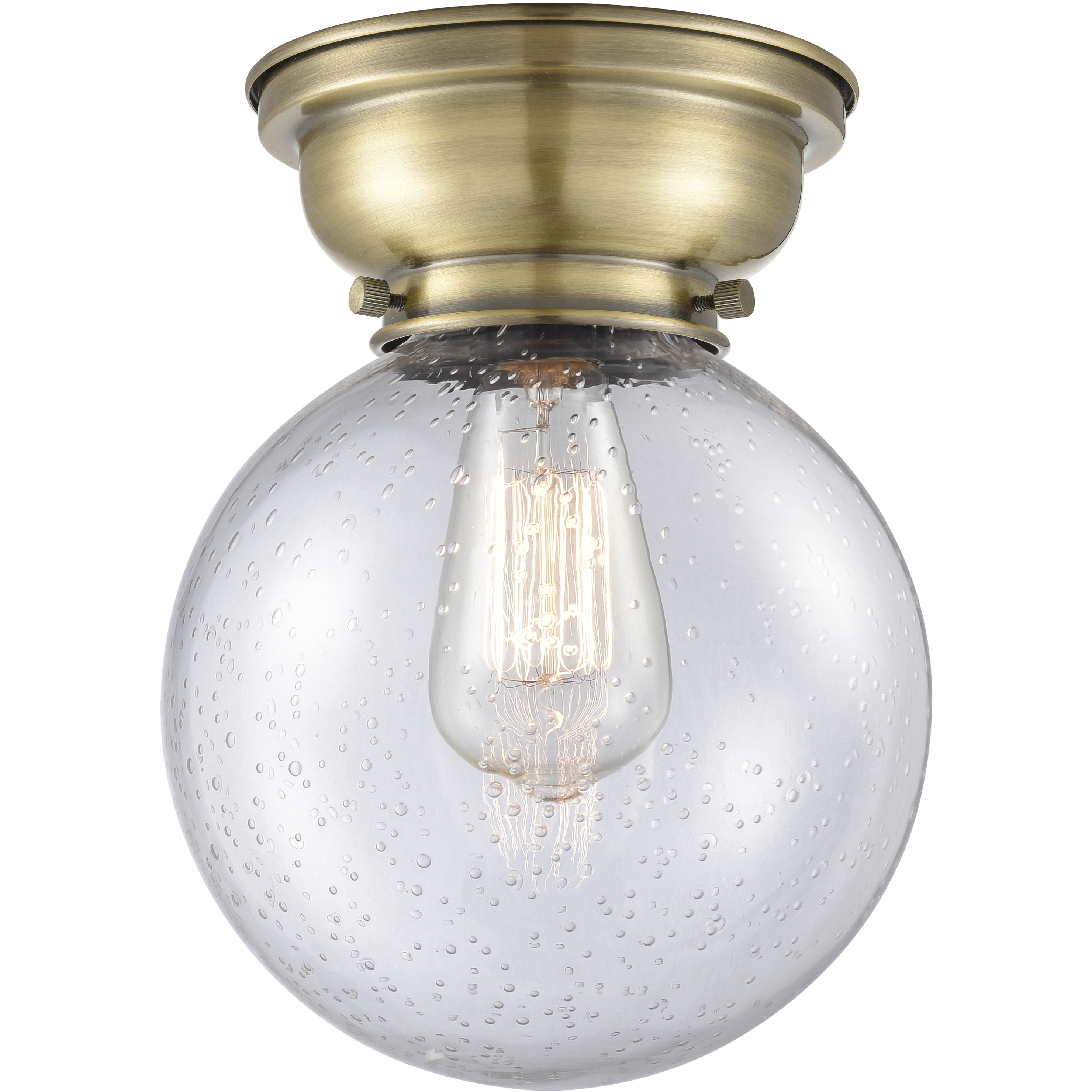Aditi Large Beacon 1 Light 8 inch Antique Brass Flush Mount Ceiling Light in Incandescent, Seedy Glass, Aditi